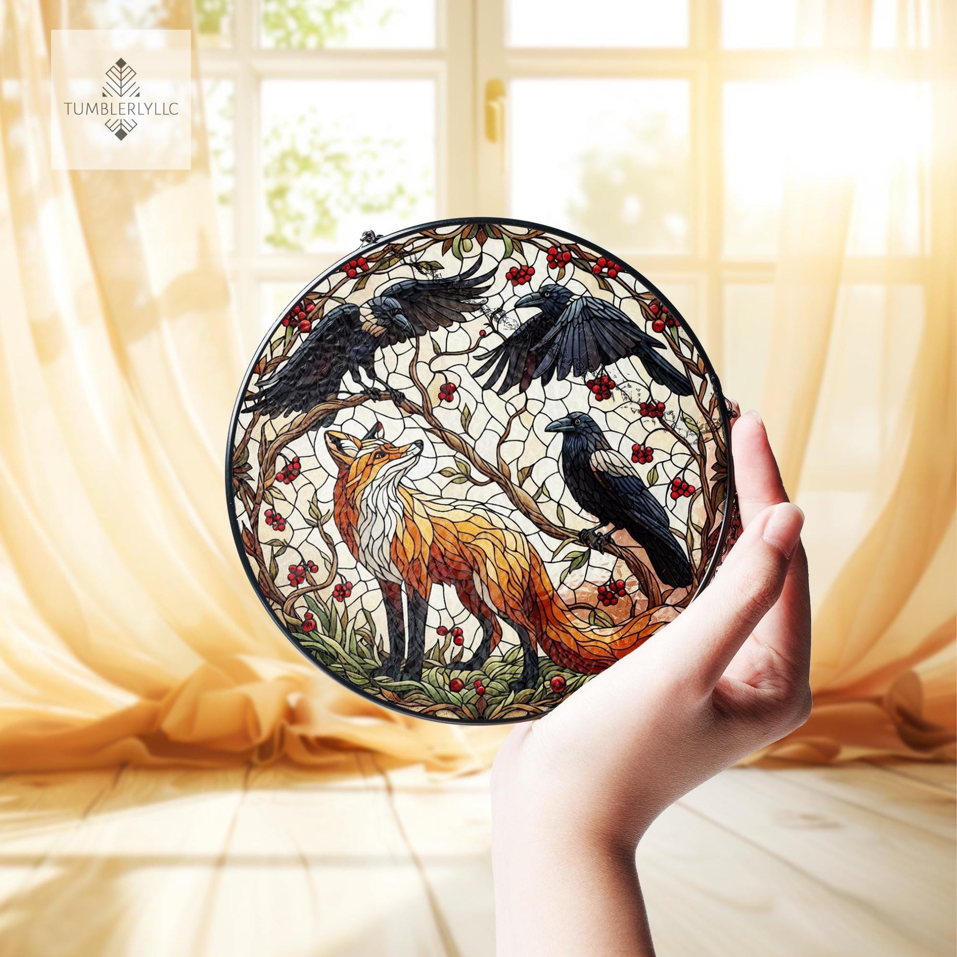 Fox and Raven Glass Suncatcher, Gothic Woodland Animal Glass Decor, Dark Forest Nature Window Hanging Gift for Home