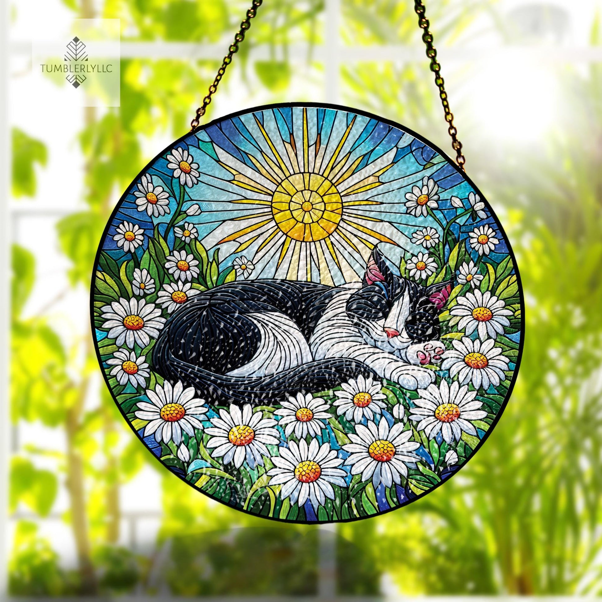 Tuxedo Cat Glass Suncatcher with Daisies and Sun, Glass Window Hanging, Cute Cat Lover Gift, Floral Home Decor gift for cat mom