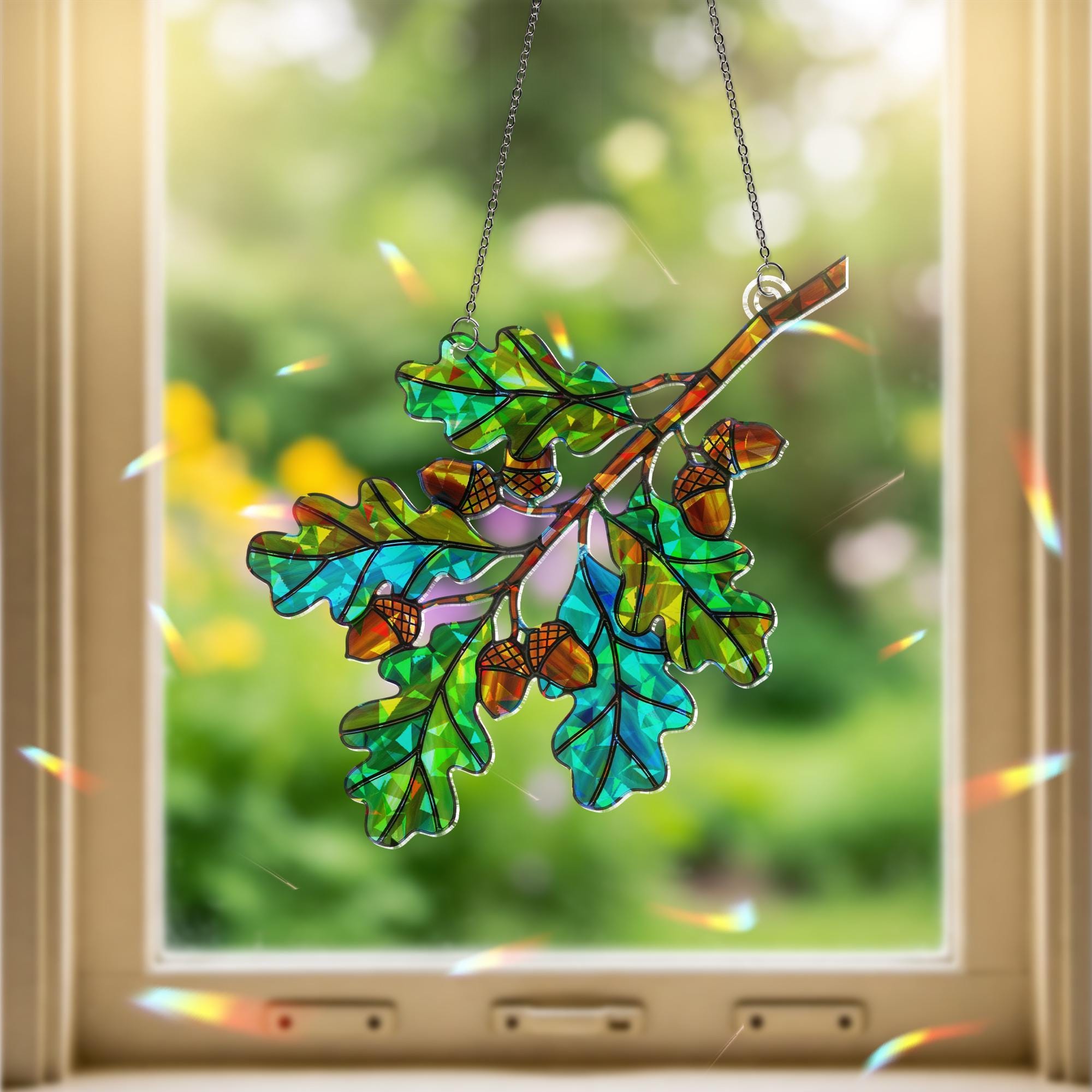 Oak Branch Holographic Suncatcher with Acorns, Fall Window Decor, Autumn Leaves Sun Catcher Gift, Nature Inspired Woodland Home Art