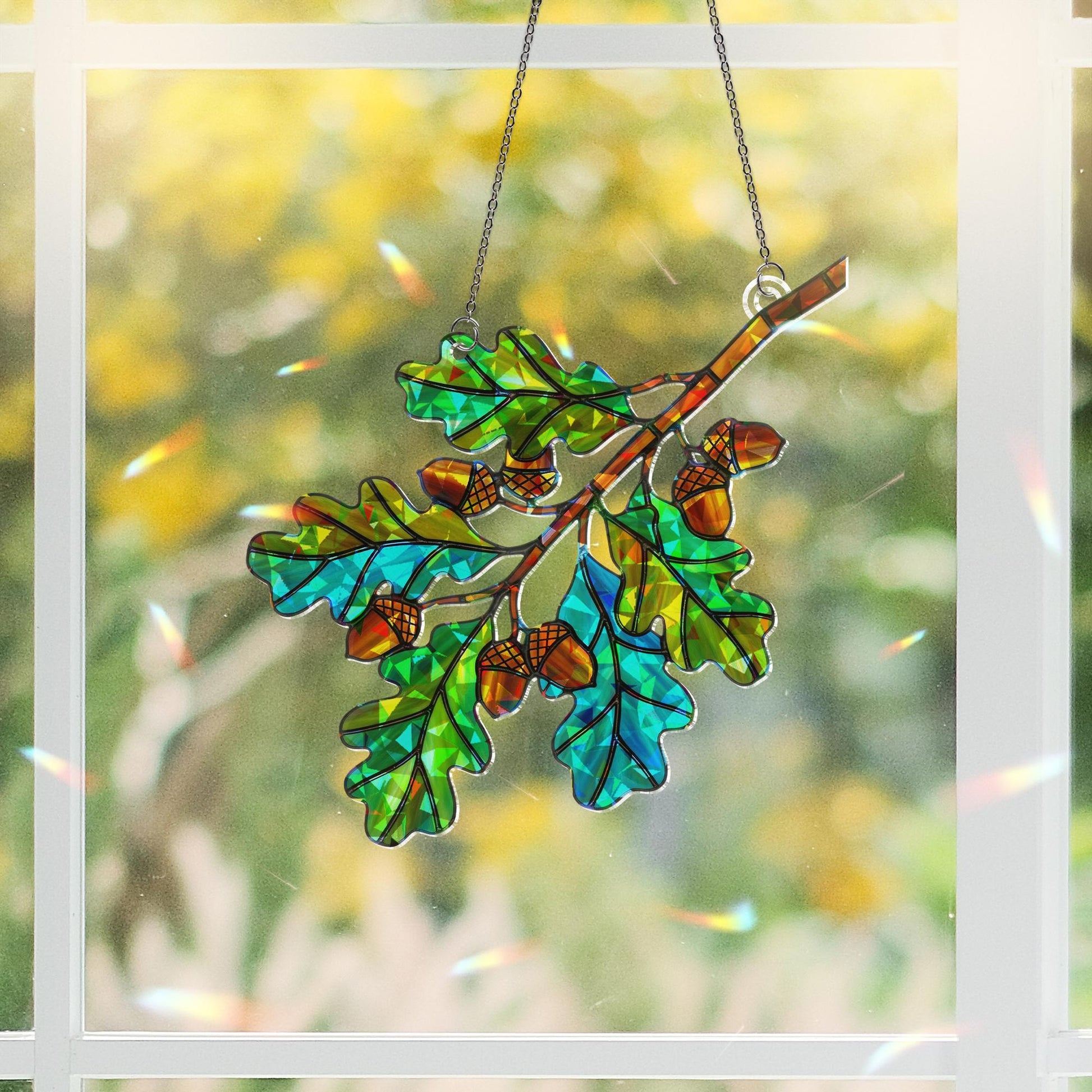 Oak Branch Holographic Suncatcher with Acorns, Fall Window Decor, Autumn Leaves Sun Catcher Gift, Nature Inspired Woodland Home Art