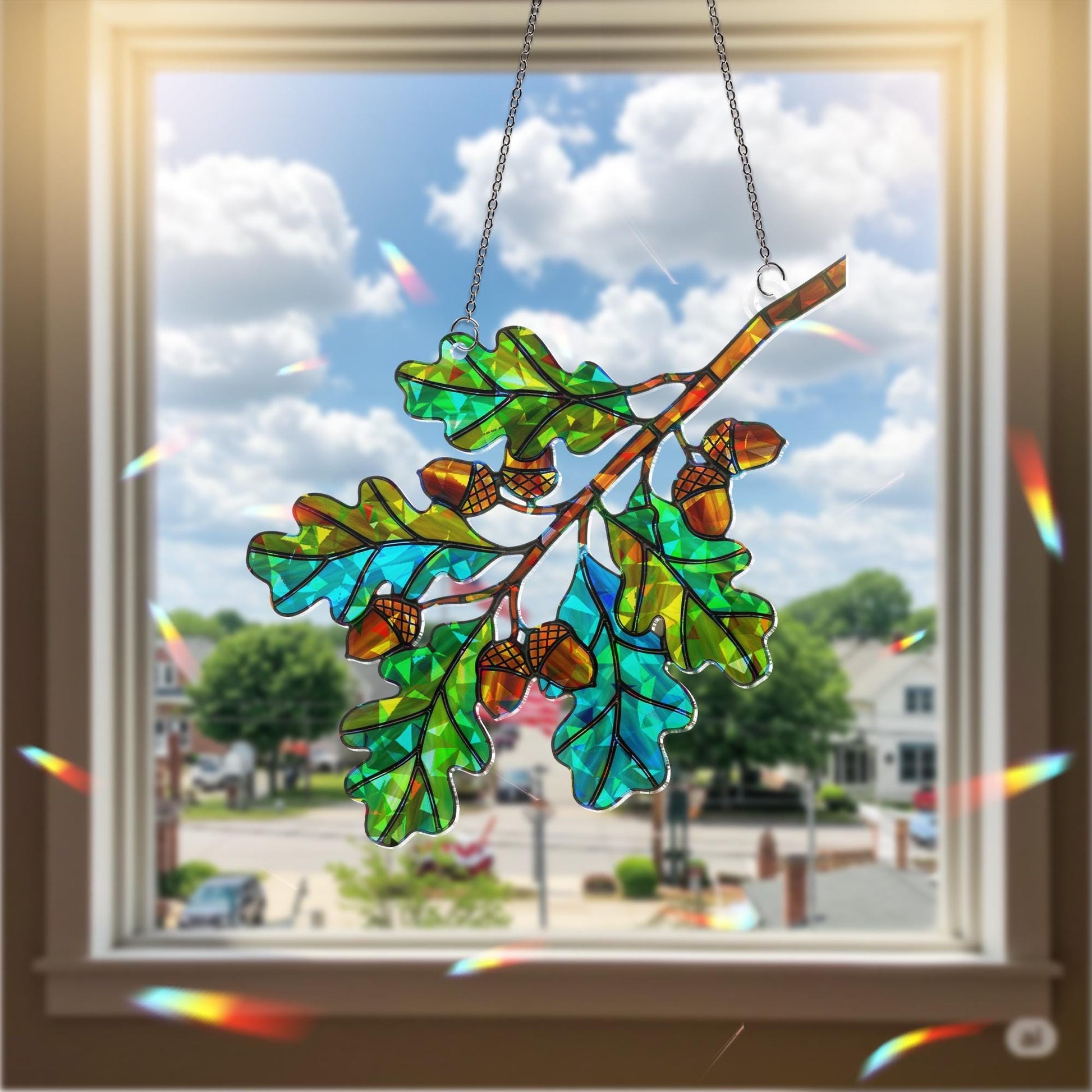 Oak Branch Holographic Suncatcher with Acorns, Fall Window Decor, Autumn Leaves Sun Catcher Gift, Nature Inspired Woodland Home Art