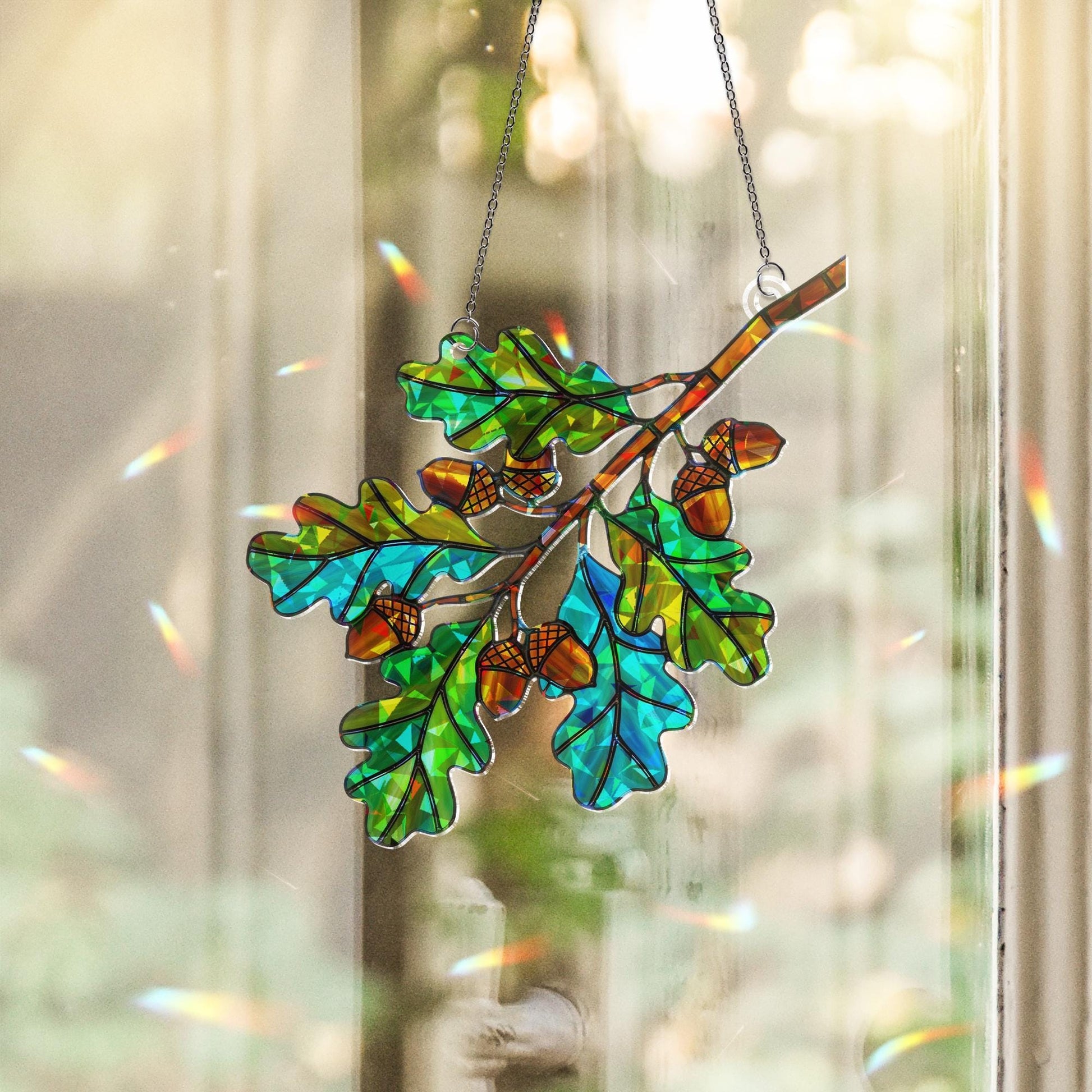 Oak Branch Holographic Suncatcher with Acorns, Fall Window Decor, Autumn Leaves Sun Catcher Gift, Nature Inspired Woodland Home Art