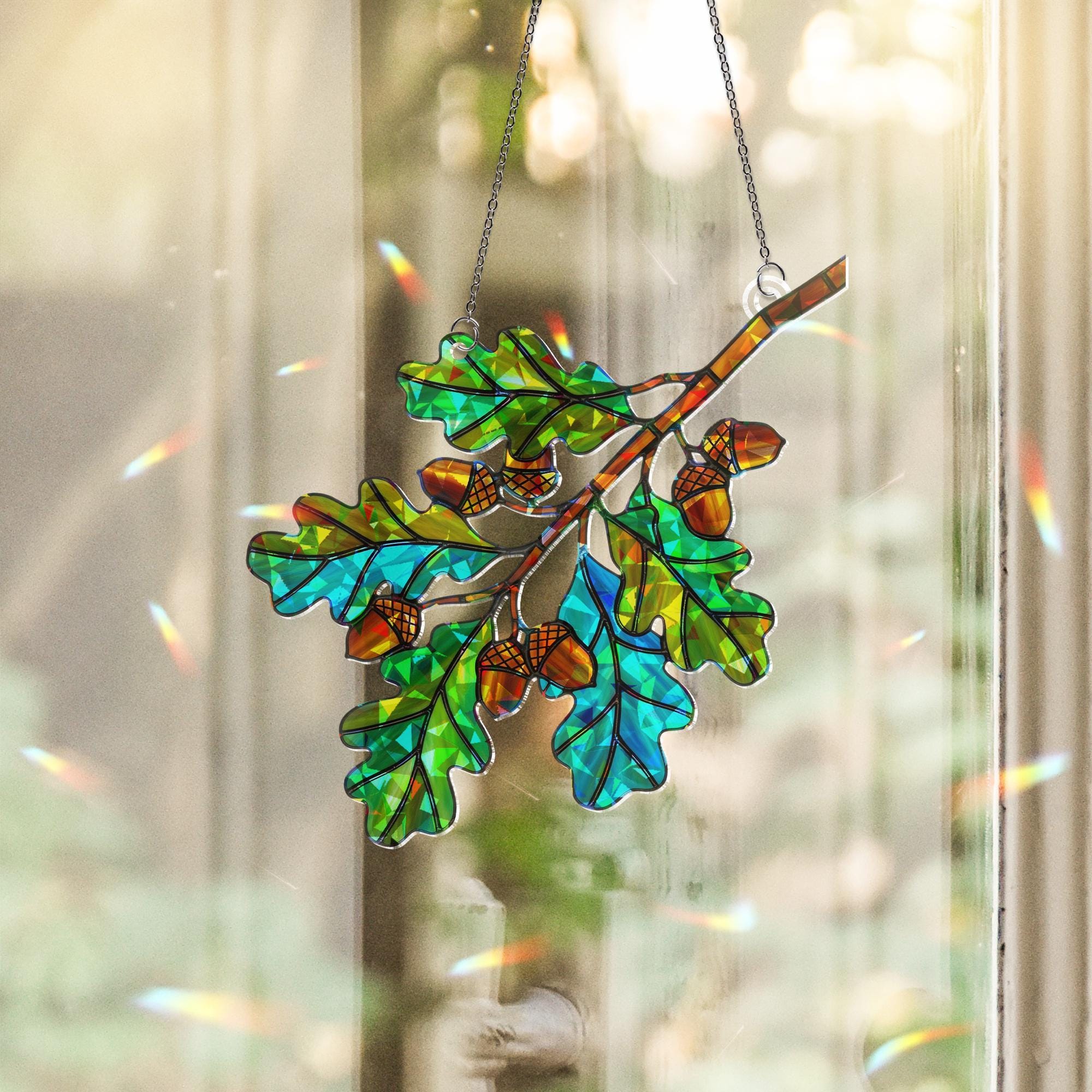 Oak Branch Holographic Suncatcher with Acorns, Fall Window Decor, Autumn Leaves Sun Catcher Gift, Nature Inspired Woodland Home Art