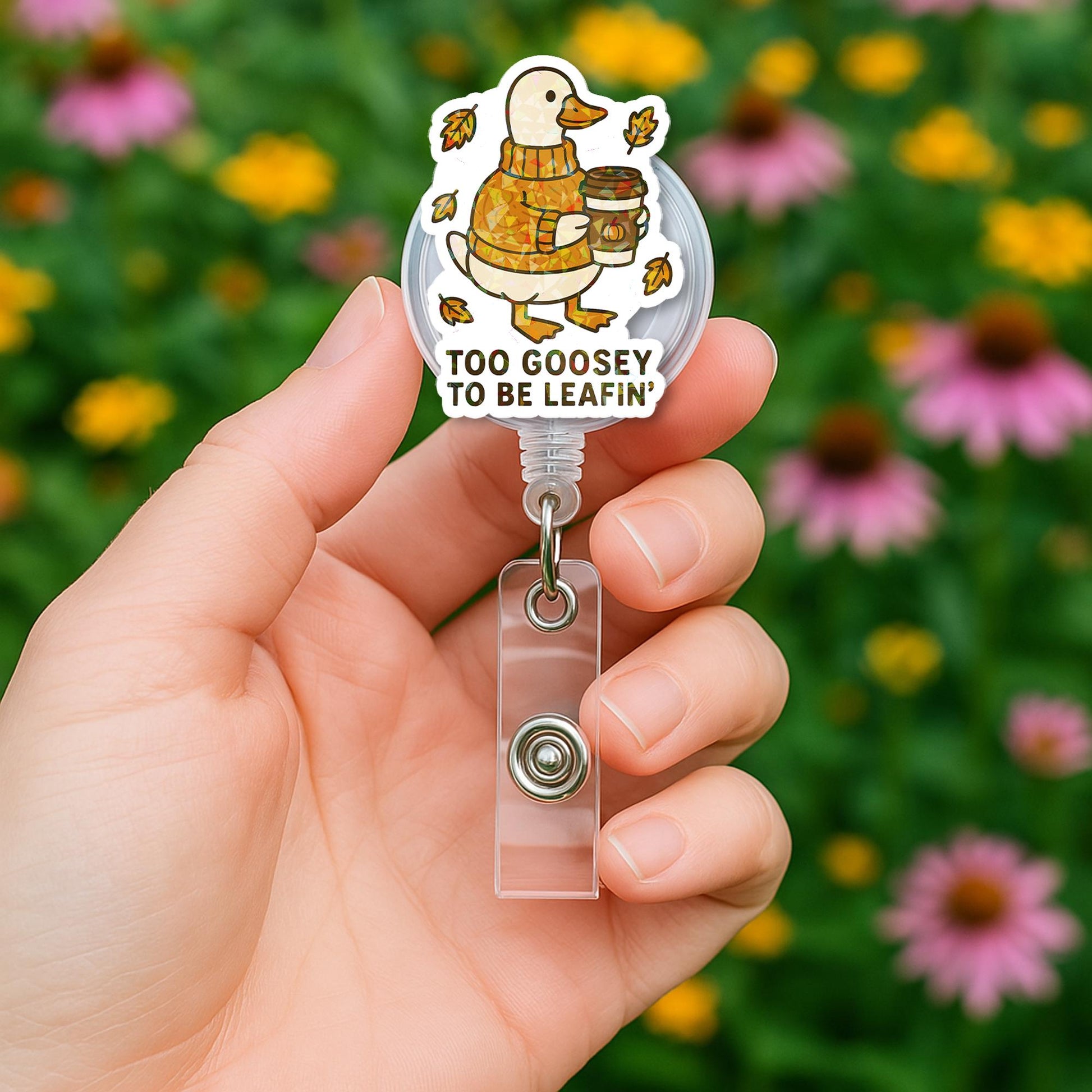 Funny Autumn Goose Badge Reel, “Too Goosey to Be Leafin’” Fall ID Holder, Cute Retractable Name Tag for Nurses, Teachers & Coworkers