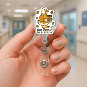 Funny Autumn Goose Badge Reel, “Too Goosey to Be Leafin’” Fall ID Holder, Cute Retractable Name Tag for Nurses, Teachers & Coworkers