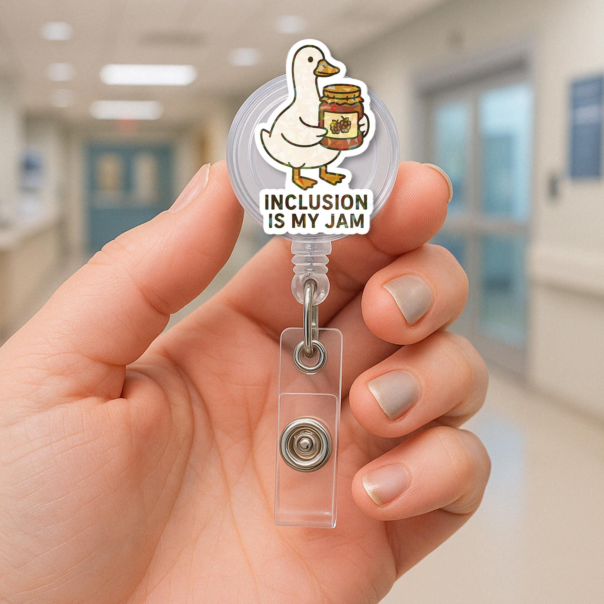Funny Goose Teacher Badge Reel, “Inclusion Is My Jam” ID Holder, Cute Retractable Name Tag for Educators, Counselors, & Staff Gifts