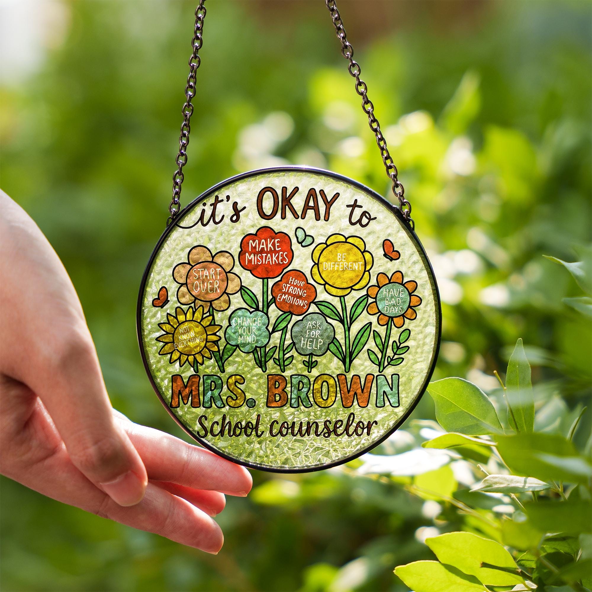 Custom School Counselor Glass Suncatcher, “It’s Okay To” Flower Design, Personalized Mental Health Office Decor, Gift for Therapists