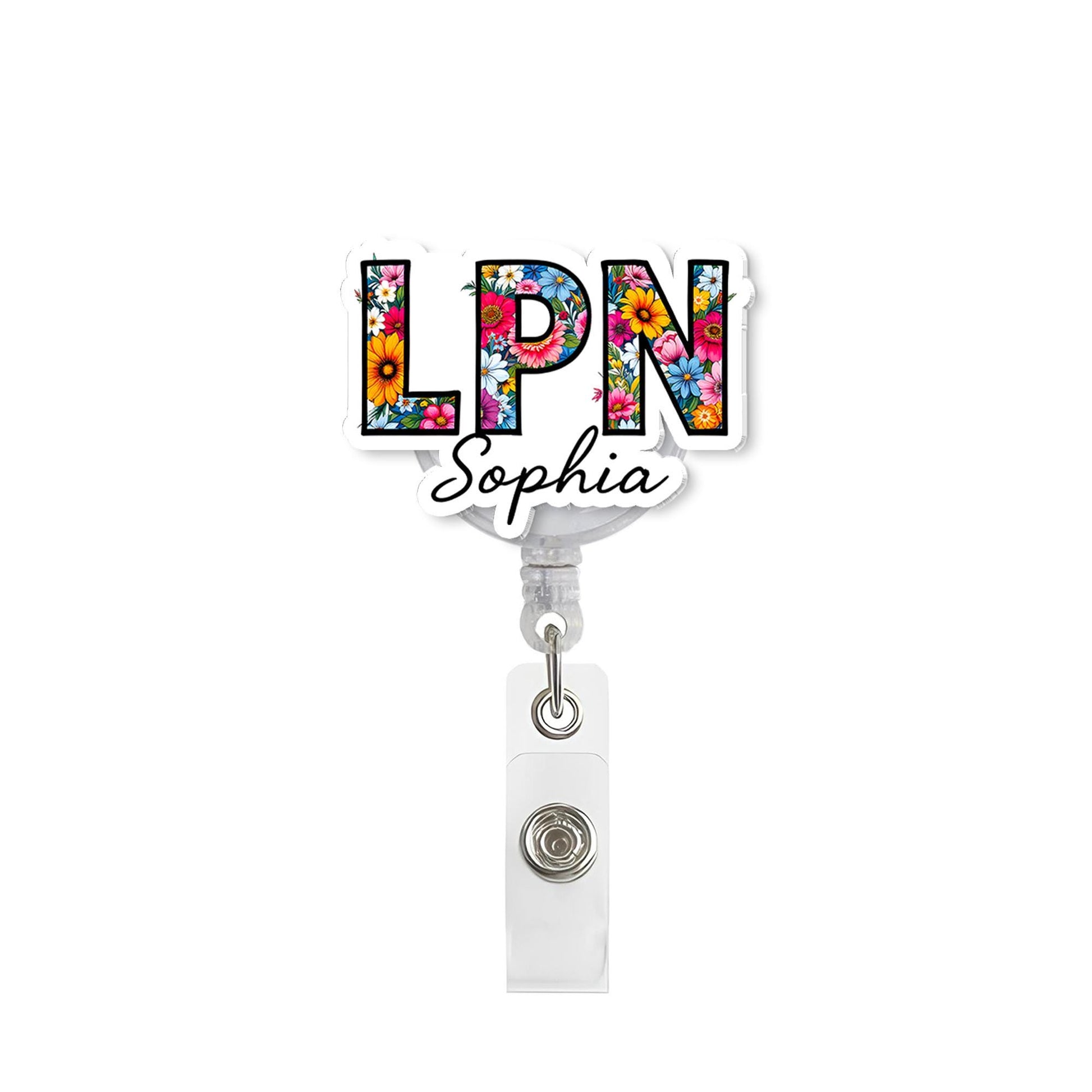 Personalized LPN Badge Reel, Custom Floral Nurse ID Holder, Cute Retractable Name Tag for Licensed Practical Nurse, Work Name Badge