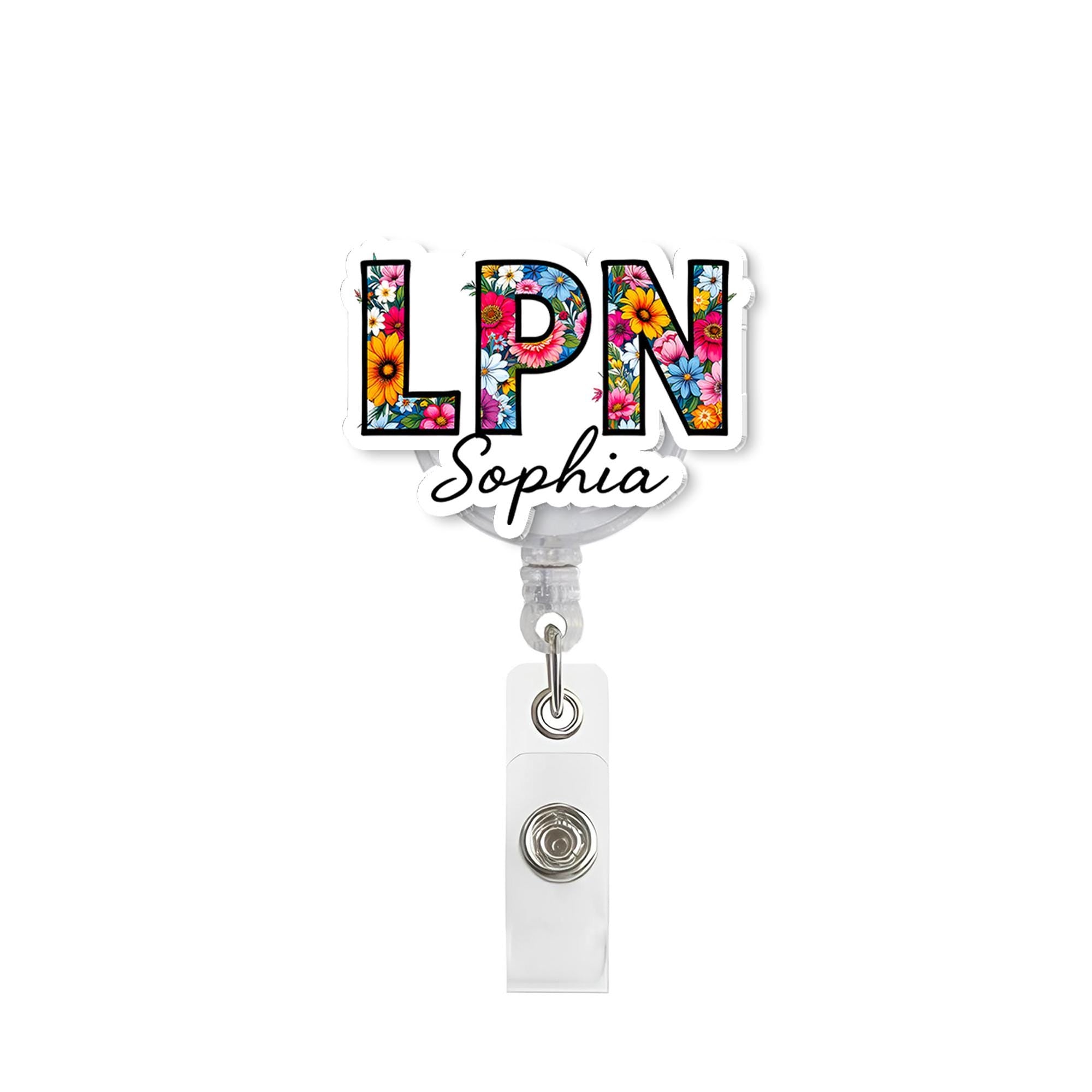 Personalized LPN Badge Reel, Custom Floral Nurse ID Holder, Cute Retractable Name Tag for Licensed Practical Nurse, Work Name Badge