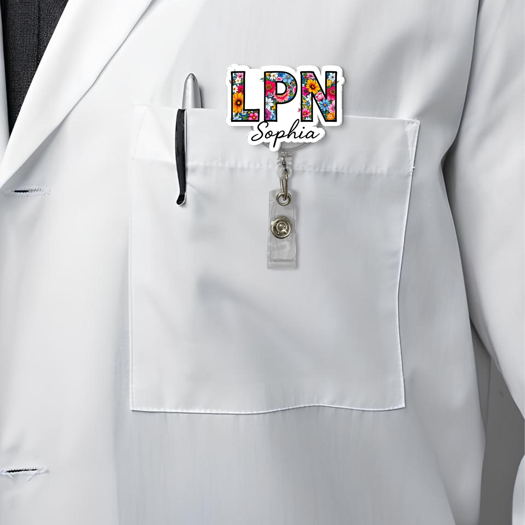 Personalized LPN Badge Reel, Custom Floral Nurse ID Holder, Cute Retractable Name Tag for Licensed Practical Nurse, Work Name Badge