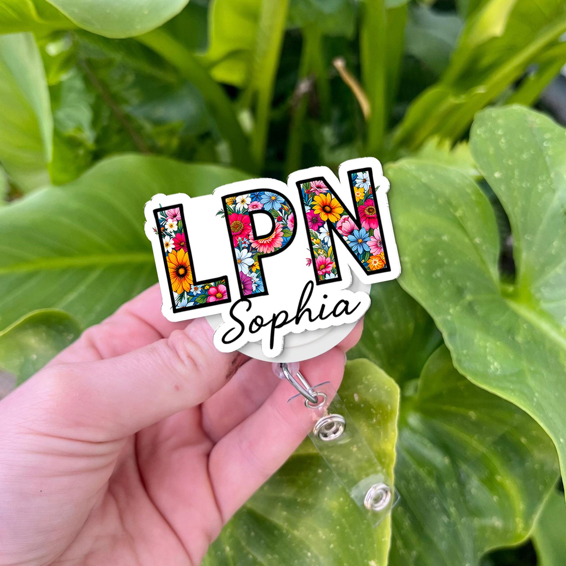 Personalized LPN Badge Reel, Custom Floral Nurse ID Holder, Cute Retractable Name Tag for Licensed Practical Nurse, Work Name Badge