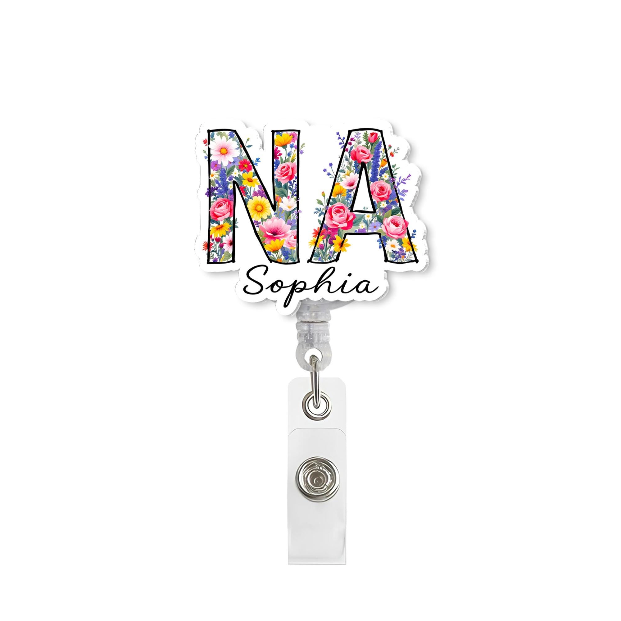 Personalized NA Badge Reel, Custom Name Floral Nursing Assistant ID Holder, Retractable Badge Clip, Nurse Gift, Medical Staff Accessory