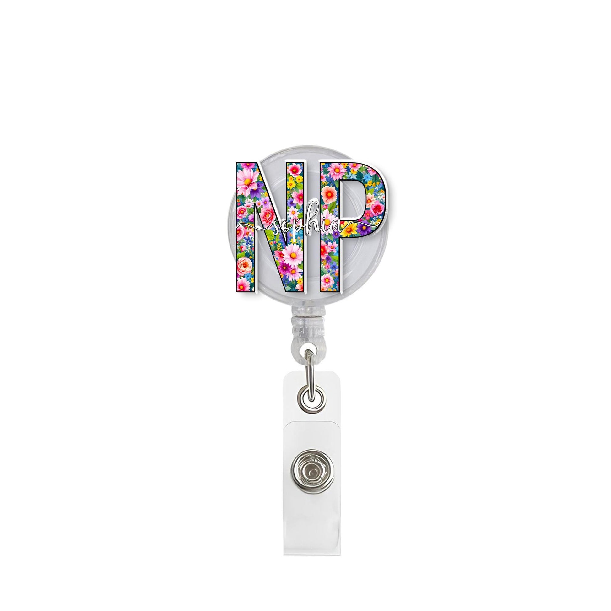 Personalized Floral NP Badge Reel, Custom Nurse Practitioner ID Tag, Colorful Flower, Retractable Badge Clip, Nursing School Graduation