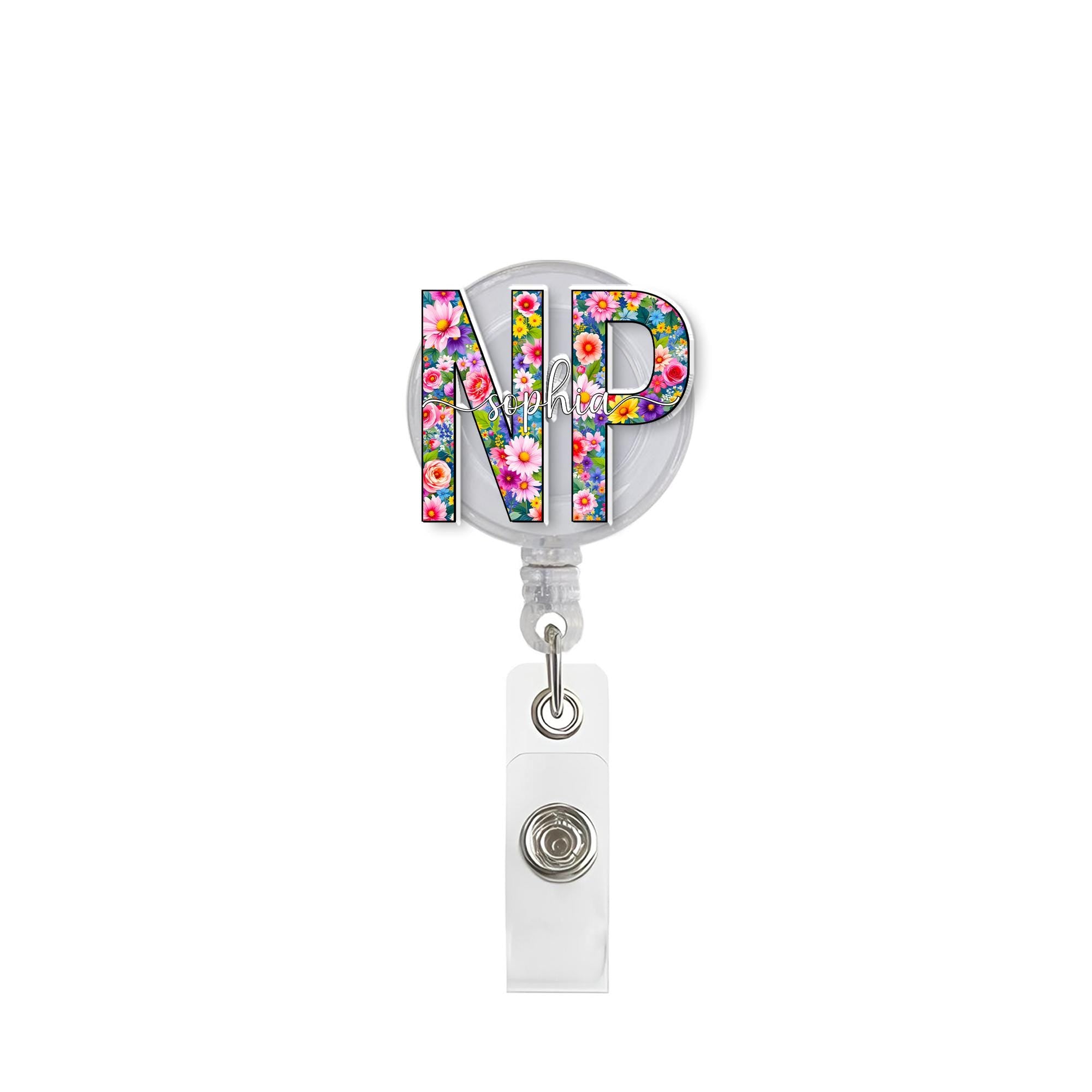 Personalized Floral NP Badge Reel, Custom Nurse Practitioner ID Tag, Colorful Flower, Retractable Badge Clip, Nursing School Graduation