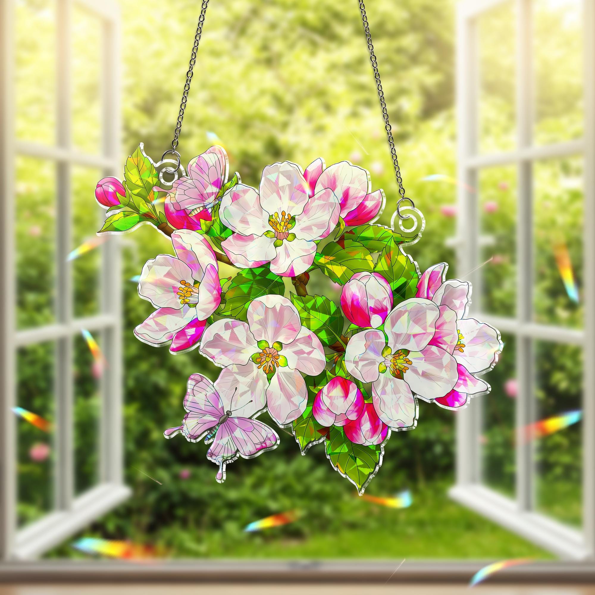 Vibrant Apple Blossom Butterfly Hologram Acrylic Window Hanging Ornament, Spring Floral Decor, Arkansas Flower, Gifr For Her, Gardener