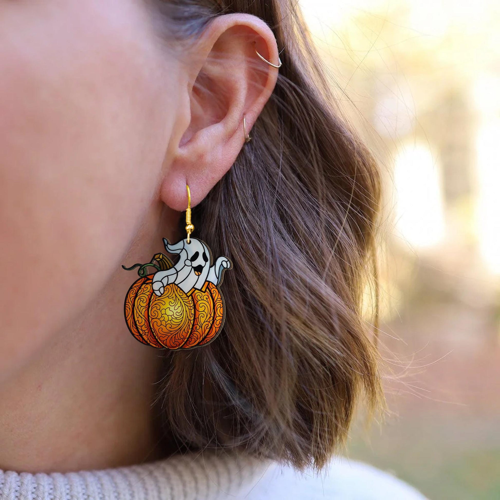 Halloween Ghost Pumpkin Earrings, Fall Dangle Earrings for Women, Cute Spooky Autumn Jewelry, Acrylic Trick or Treat Accessory Gift