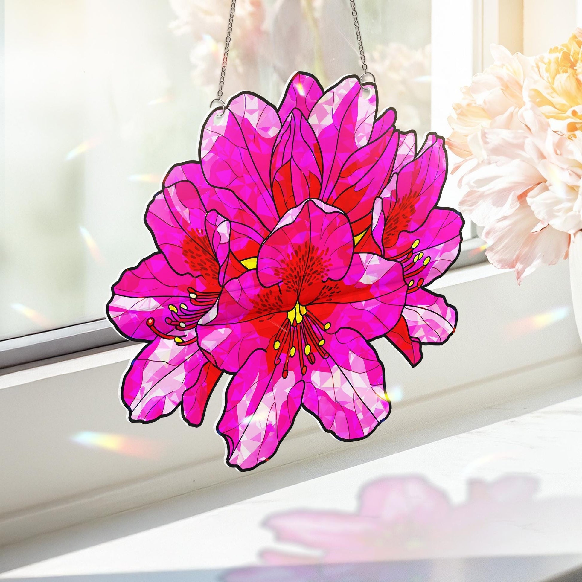 Pink Rhododendron Acrylic Window Hanging Ornament, Floral Home Decor, Spring Botanical Window Art Gift, West Virginia Flower, Gift For Her