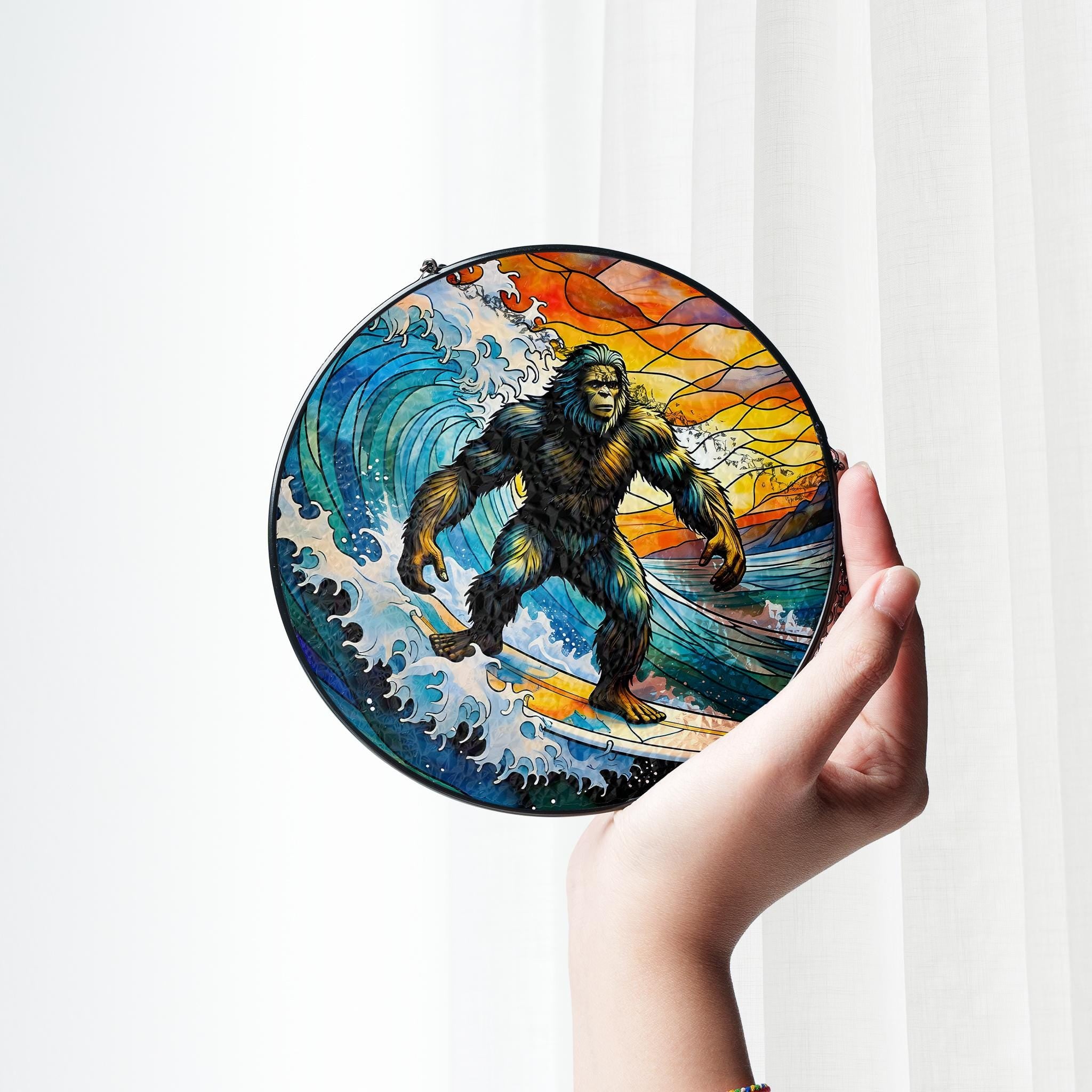 Bigfoot Surfing Glass Suncatcher, Sasquatch Ocean Wave Window Decor, Beach Lover Gift, Handmade Colorful Art Piece, Surfing Funny Gift