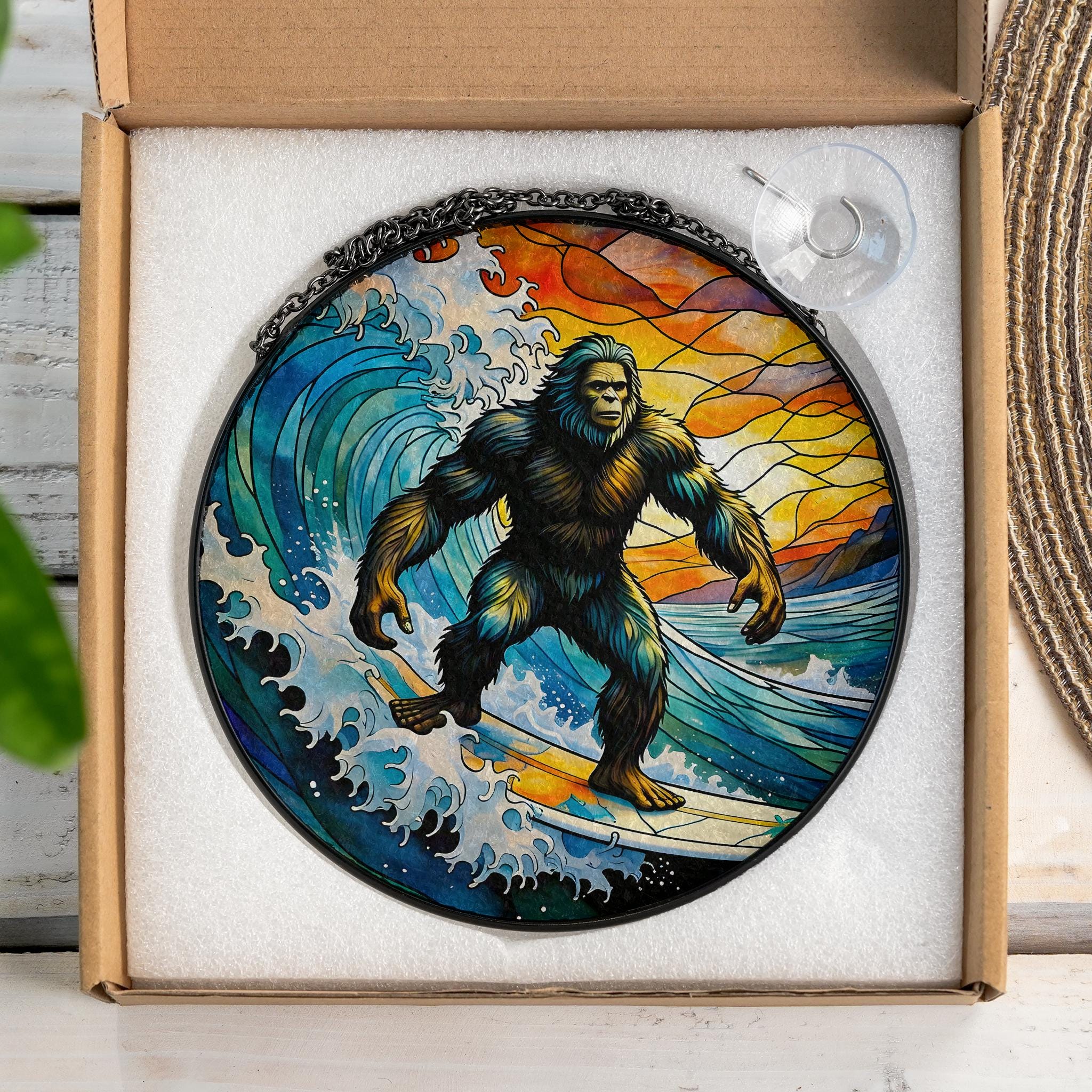 Bigfoot Surfing Glass Suncatcher, Sasquatch Ocean Wave Window Decor, Beach Lover Gift, Handmade Colorful Art Piece, Surfing Funny Gift