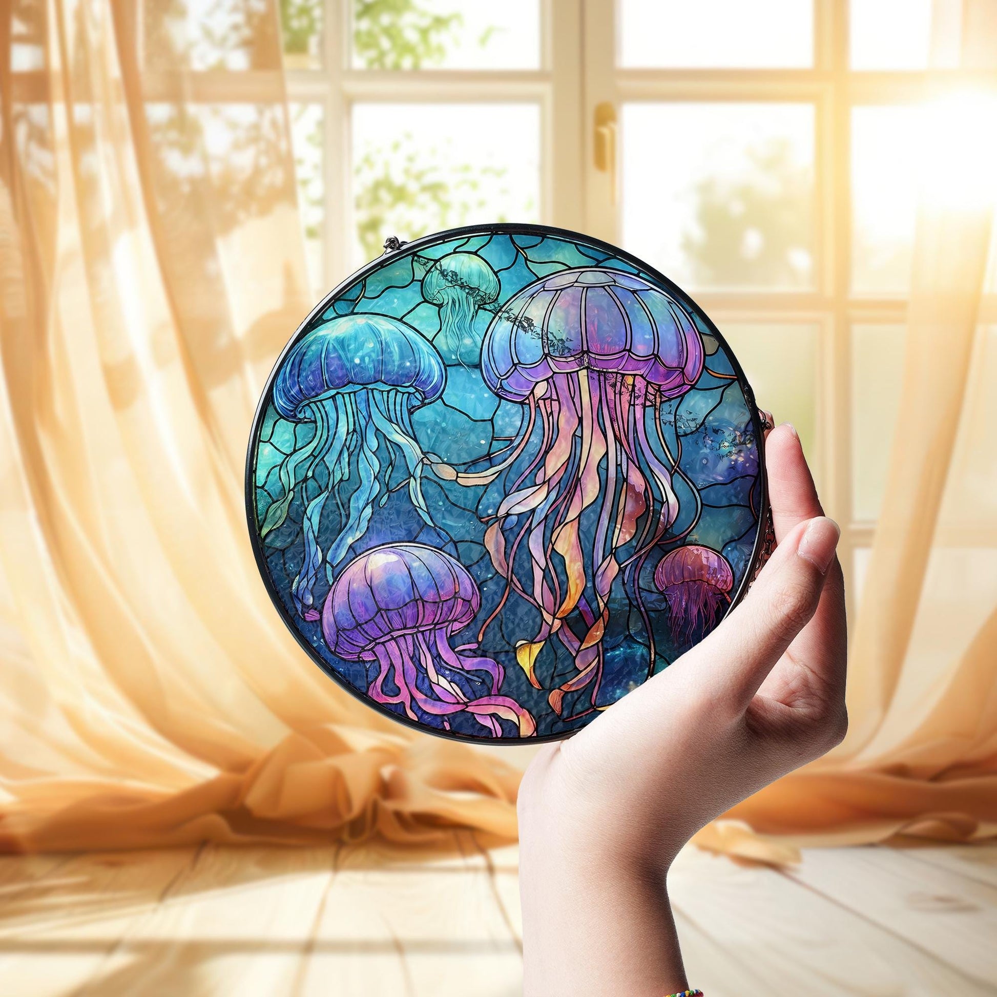 Jellyfish Glass Suncatcher, Tropical Decor, Ocean Window Art, Summer Vibes Beach Decor, Coastal Home Accent