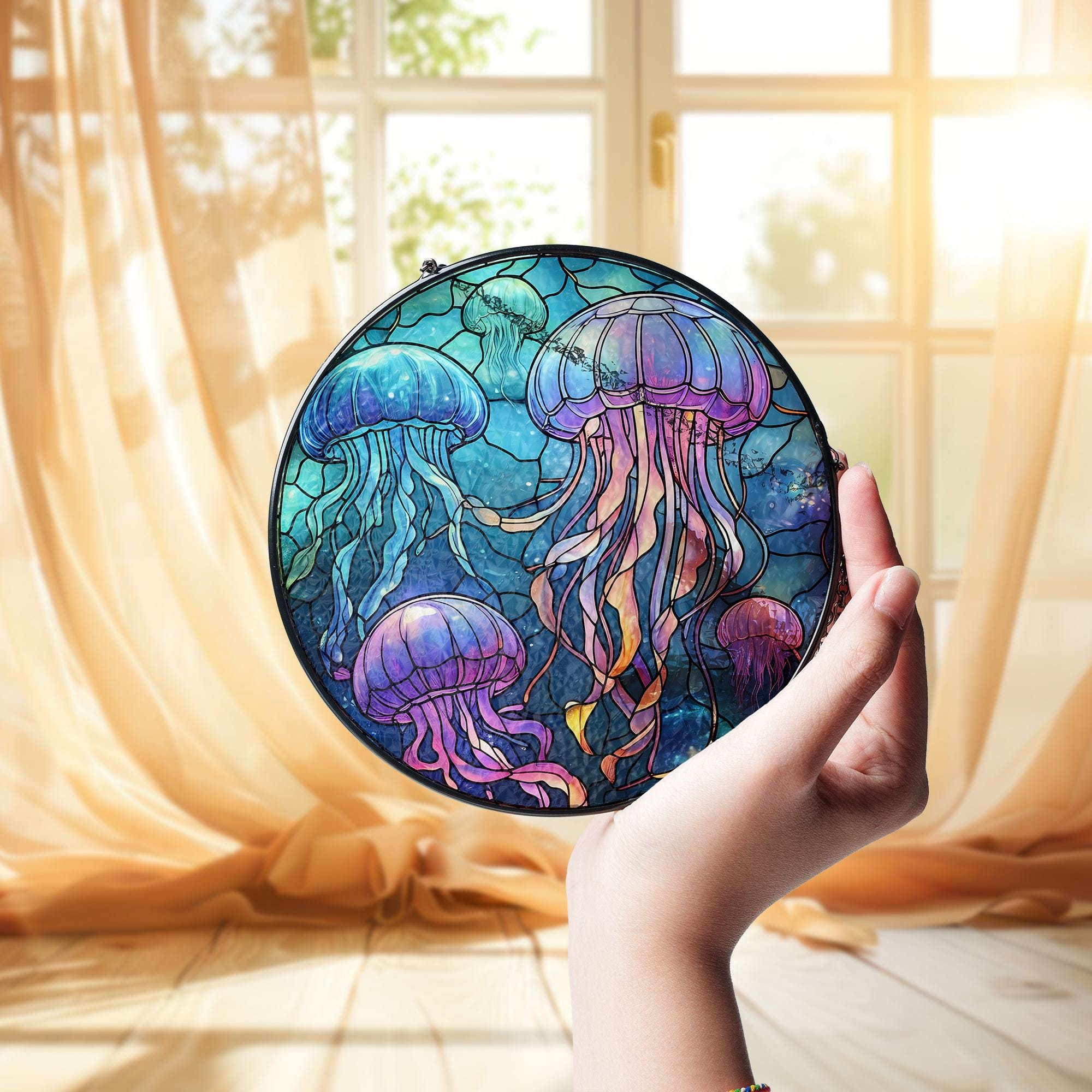 Jellyfish Glass Suncatcher, Tropical Decor, Ocean Window Art, Summer Vibes Beach Decor, Coastal Home Accent