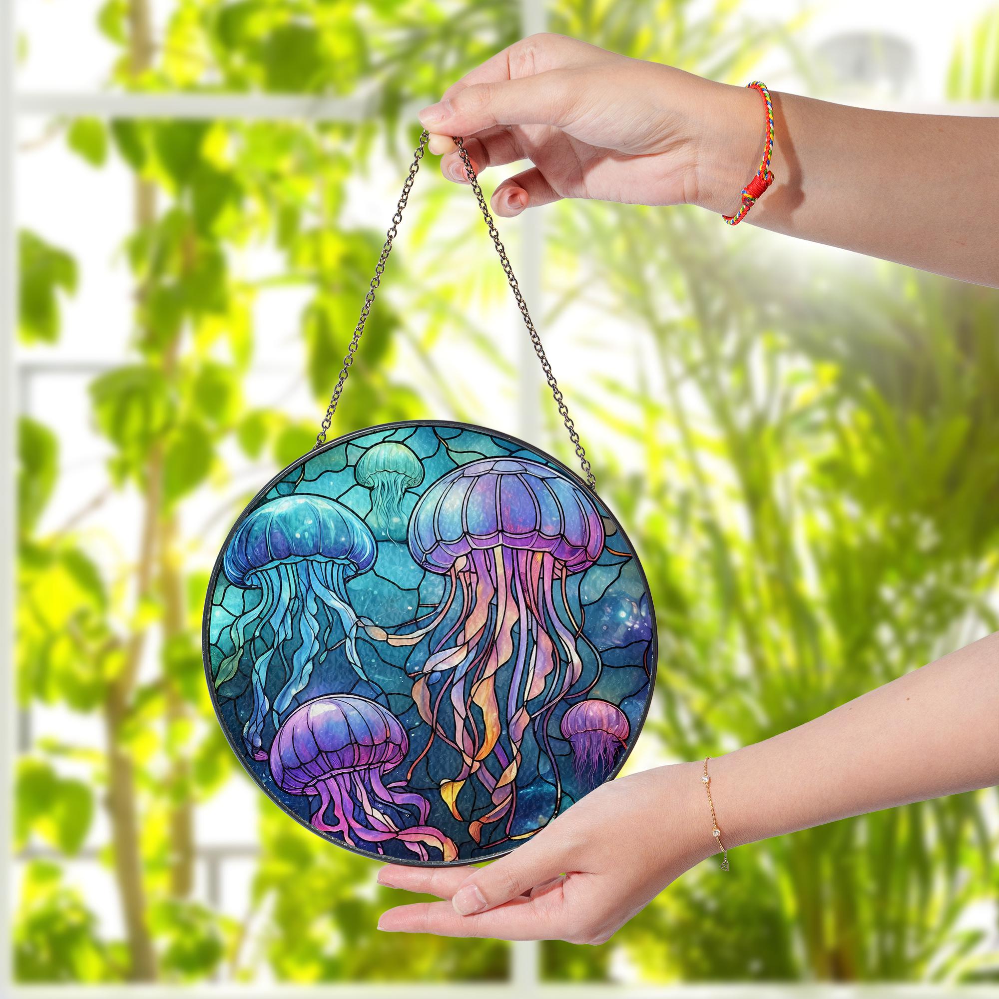 Jellyfish Glass Suncatcher, Tropical Decor, Ocean Window Art, Summer Vibes Beach Decor, Coastal Home Accent