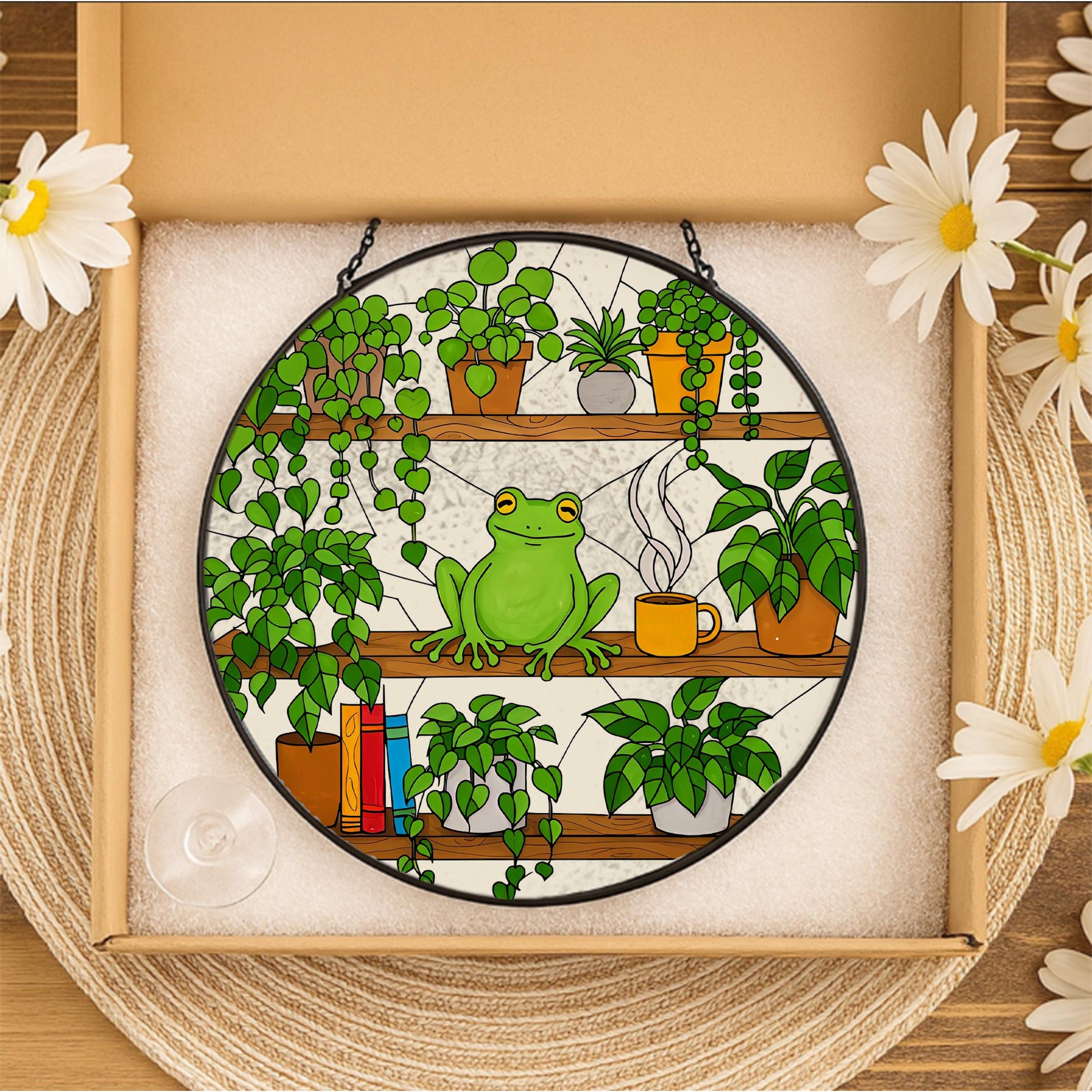 Frog On Bookshelf Glass Suncatcher, Stained Glass Window Art, Plant Shelf Decor, Reading Lover Gift, Book Lover Gift, Kute Frog Suncatcher