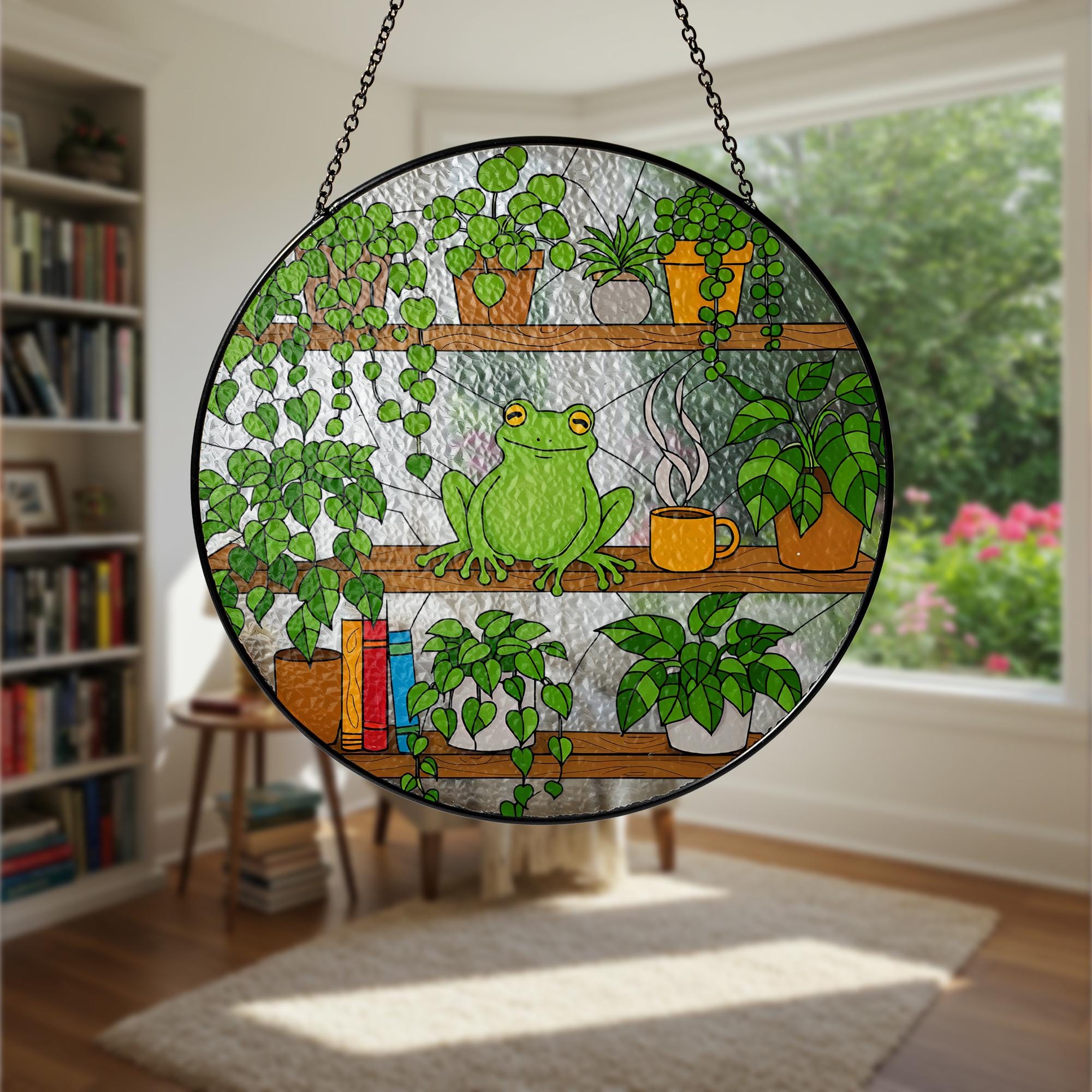 Frog On Bookshelf Glass Suncatcher, Stained Glass Window Art, Plant Shelf Decor, Reading Lover Gift, Book Lover Gift, Kute Frog Suncatcher