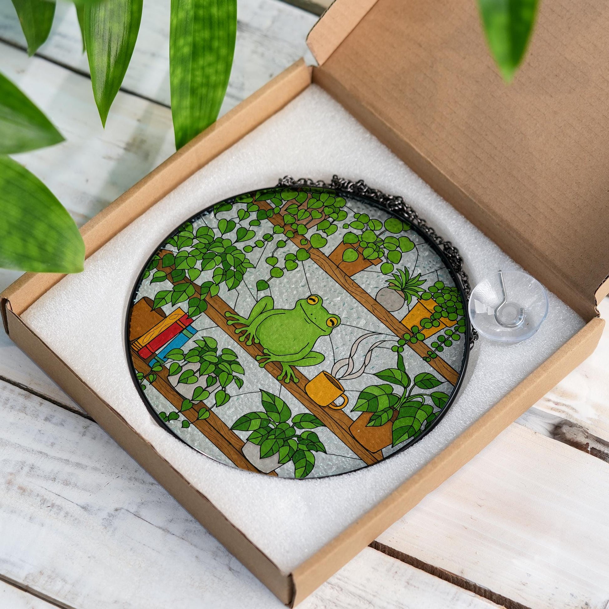 Frog On Bookshelf Glass Suncatcher, Stained Glass Window Art, Plant Shelf Decor, Reading Lover Gift, Book Lover Gift, Kute Frog Suncatcher