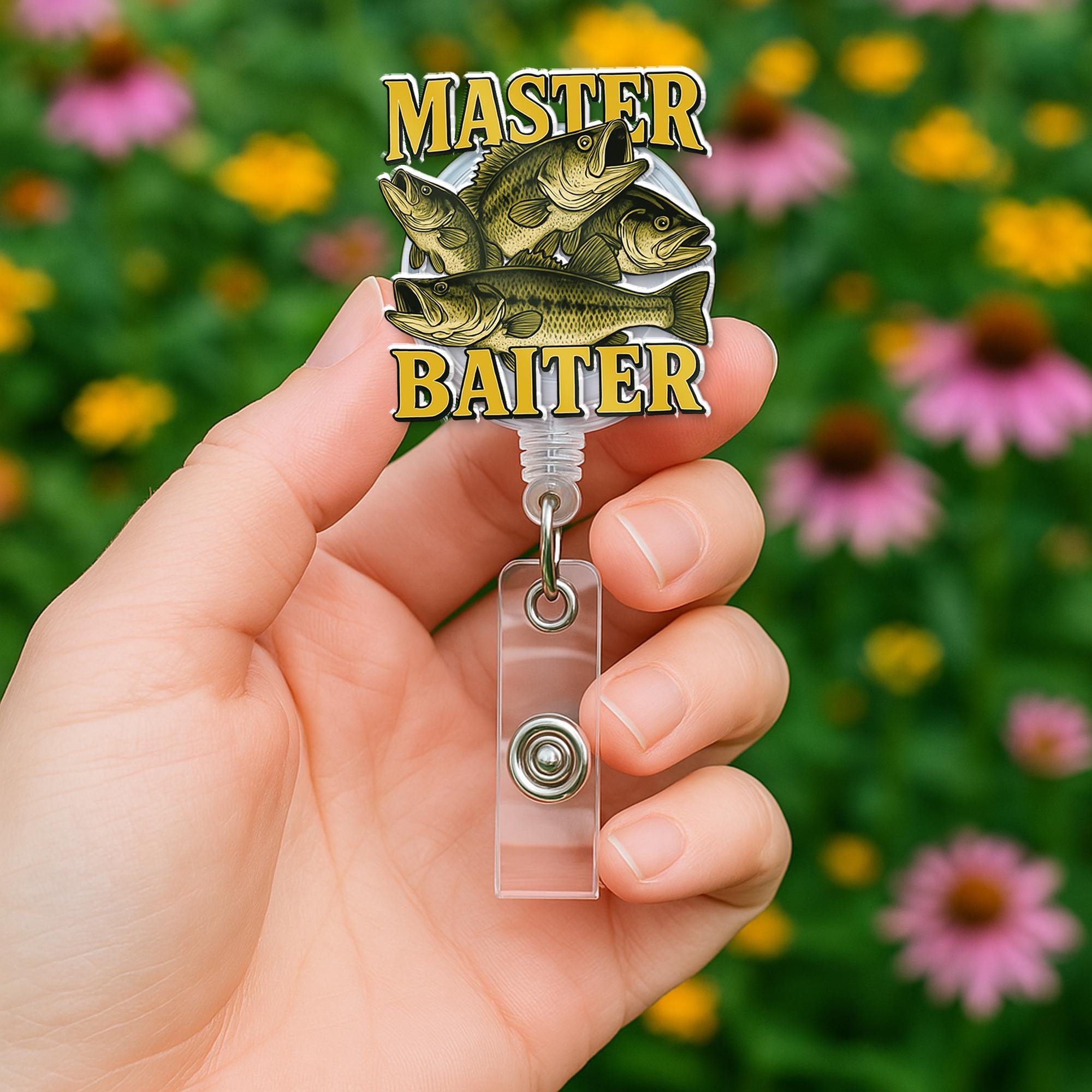 Master Baiter Badge Reel, Funny Fishing Retractable ID Holder, Bass Fish Angler Gift, Humorous Fisherman Work Accessory, Office Gag Gift