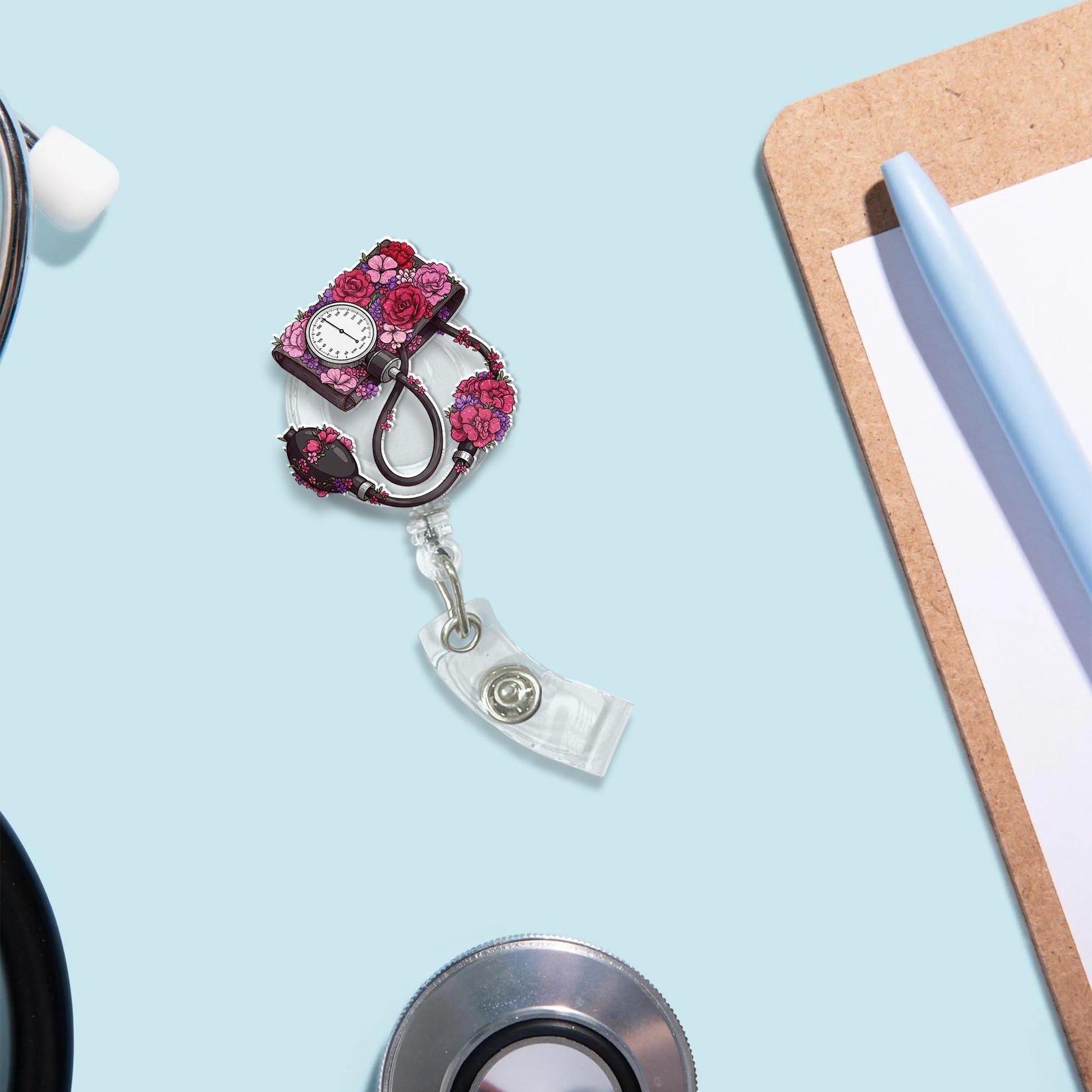 Floral Blood Pressure Cuff Badge Reel, Cute Retractable ID Holder for Nurse, Doctor, Medical Staff, Nursing Student Graduation Gift