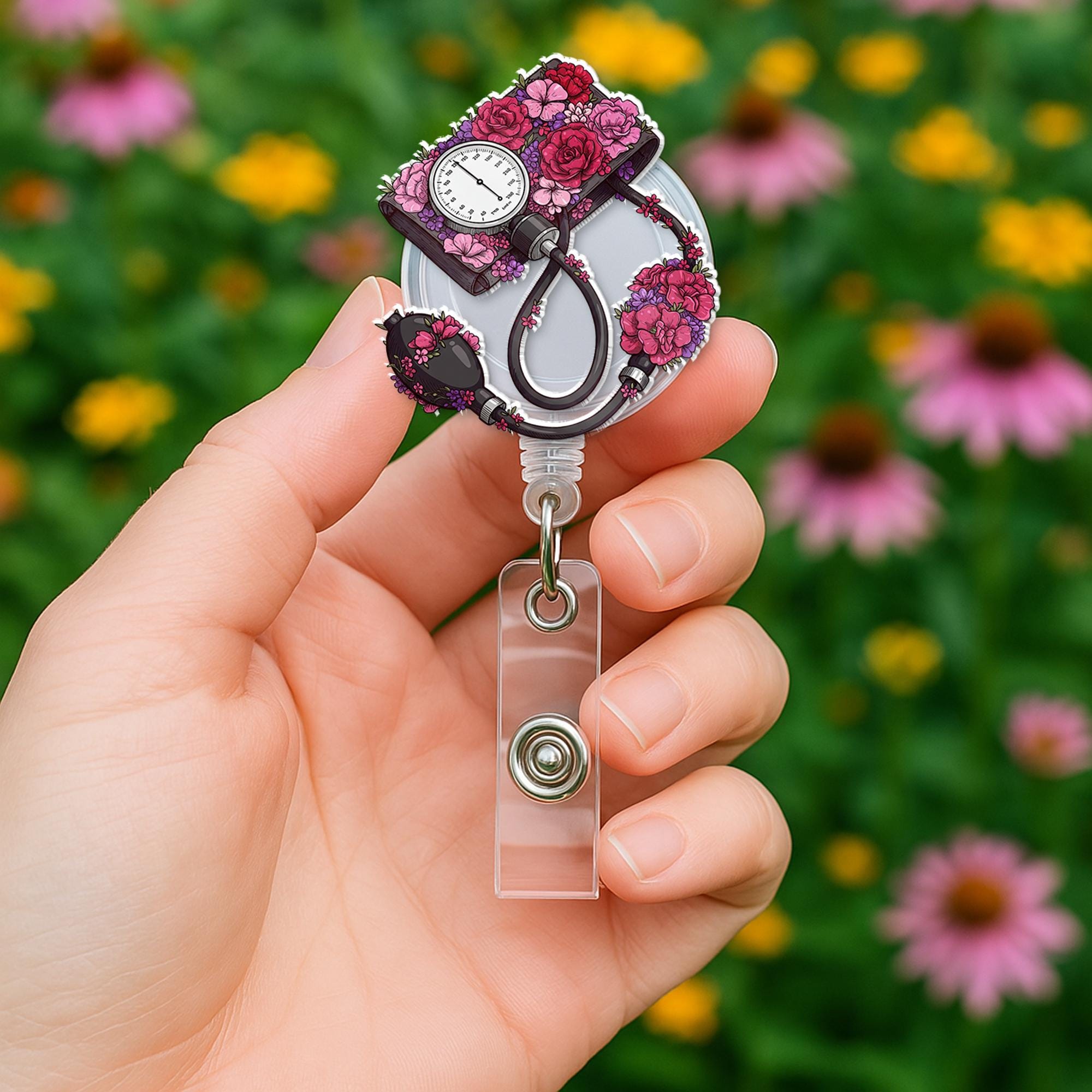 Floral Blood Pressure Cuff Badge Reel, Cute Retractable ID Holder for Nurse, Doctor, Medical Staff, Nursing Student Graduation Gift