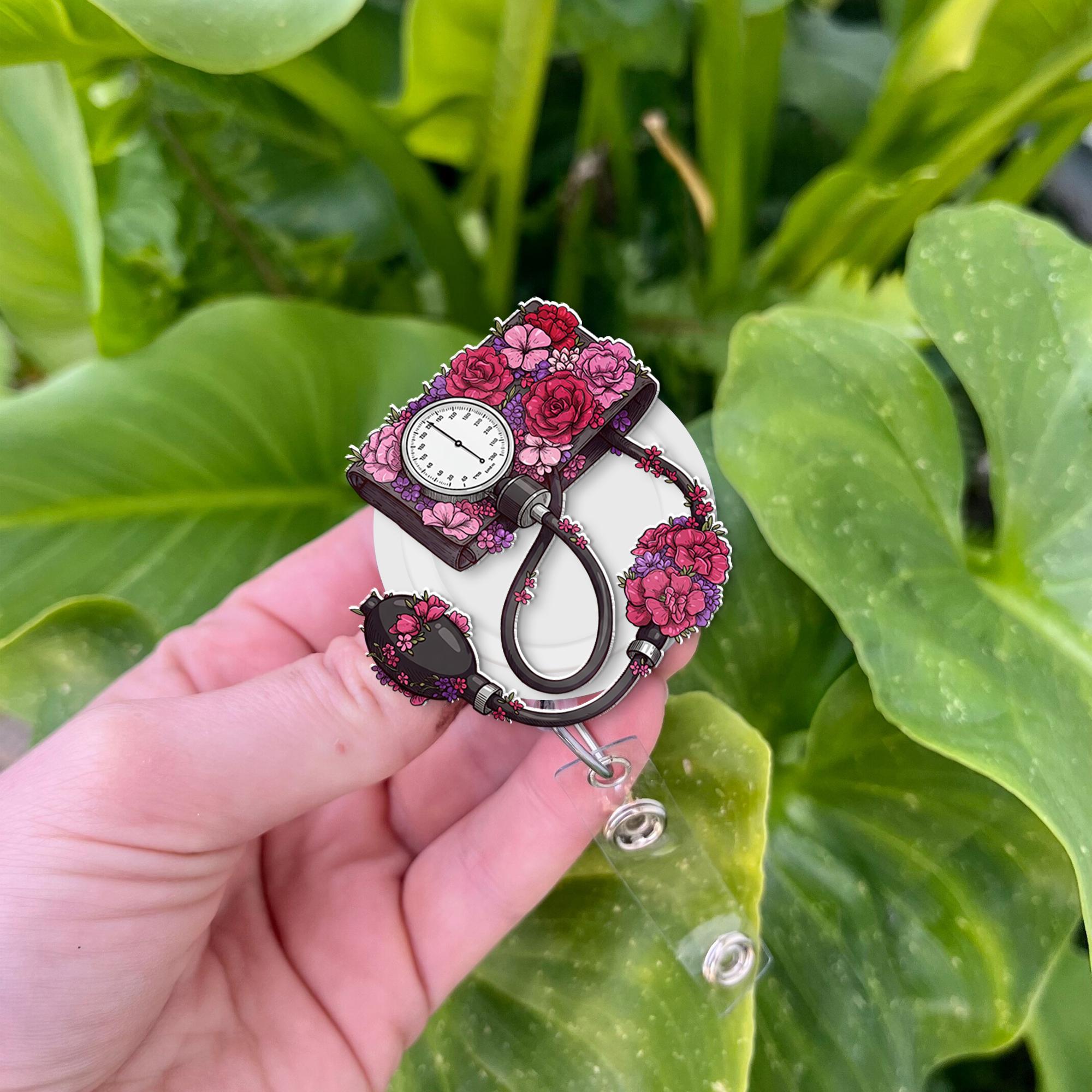 Floral Blood Pressure Cuff Badge Reel, Cute Retractable ID Holder for Nurse, Doctor, Medical Staff, Nursing Student Graduation Gift