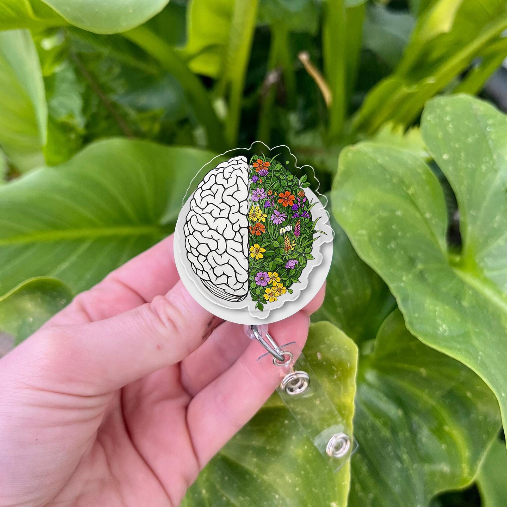 Floral Brain Badge Reel, Medical ID Holder, Nurse Gift, Neuroscience Decor, Floral Anatomy Accessory, Cute Work Badge Clip