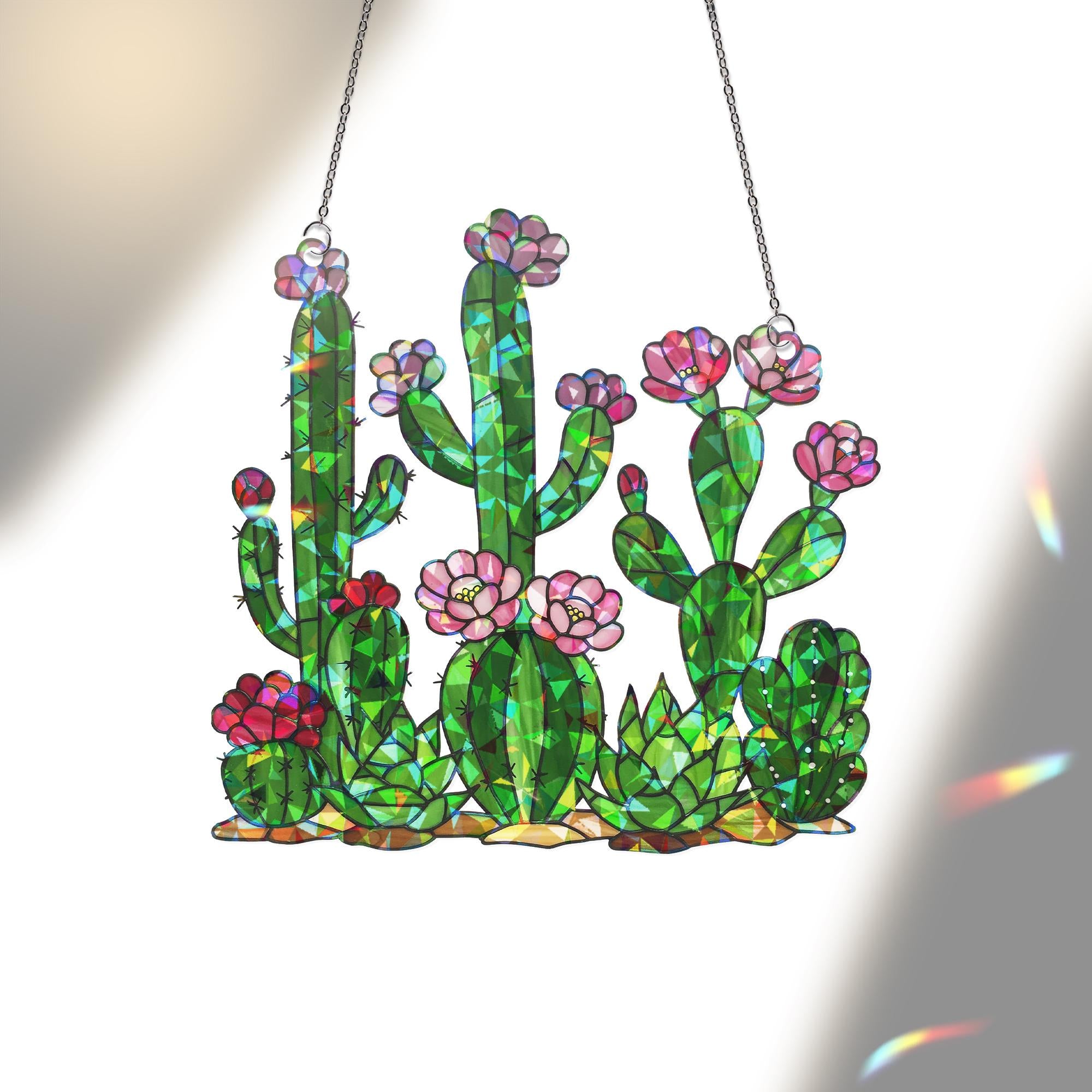 Cactus with Flower Hologram Acrylic Window Hanging, Plant Decor Suncatcher, Boho Window Art, Cute Cactus Gift for Plant Lovers, Gift For Mom