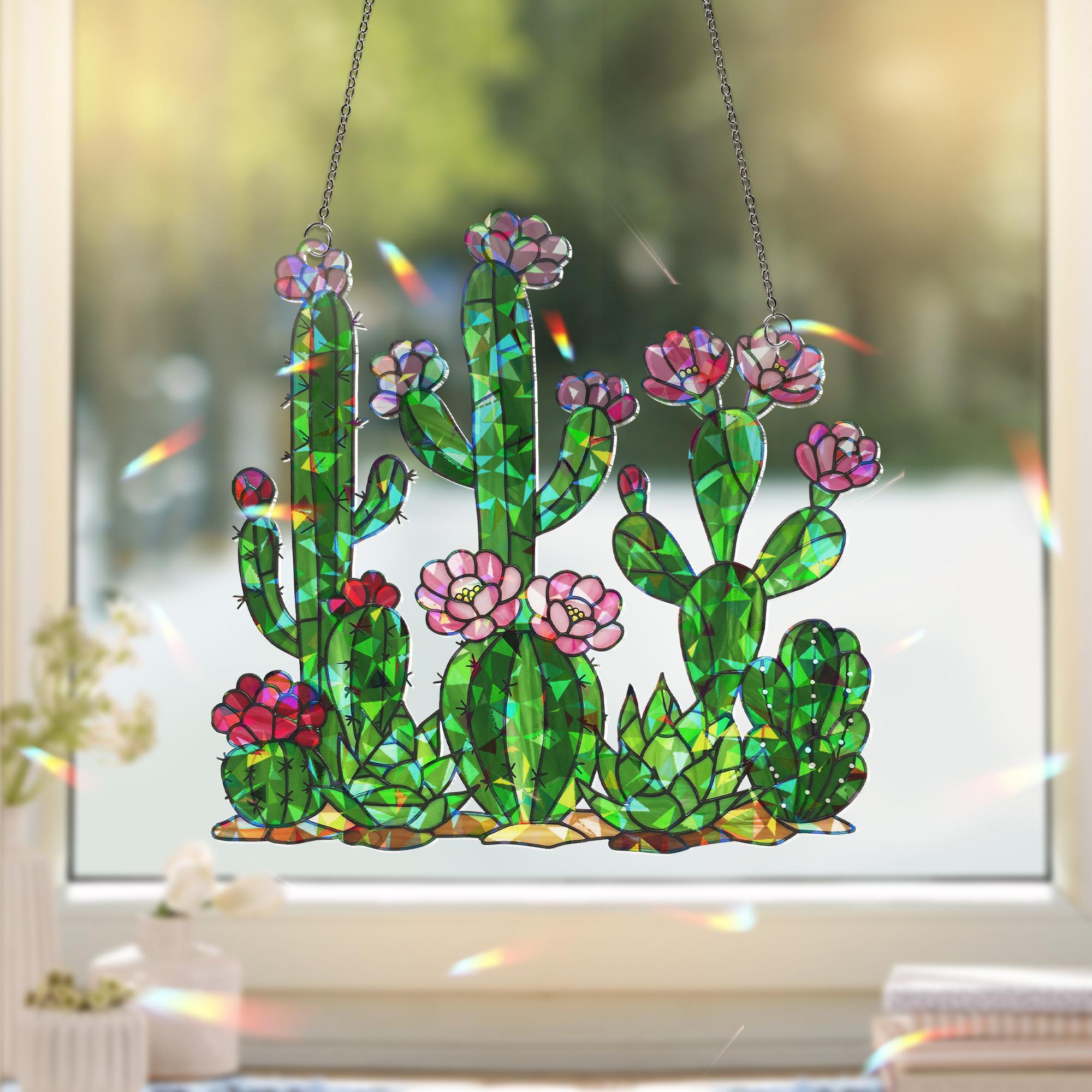 Cactus with Flower Hologram Acrylic Window Hanging, Plant Decor Suncatcher, Boho Window Art, Cute Cactus Gift for Plant Lovers, Gift For Mom