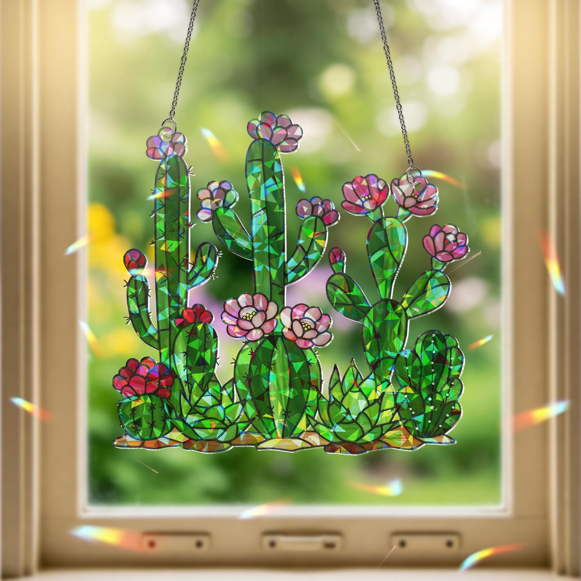 Cactus with Flower Hologram Acrylic Window Hanging, Plant Decor Suncatcher, Boho Window Art, Cute Cactus Gift for Plant Lovers, Gift For Mom