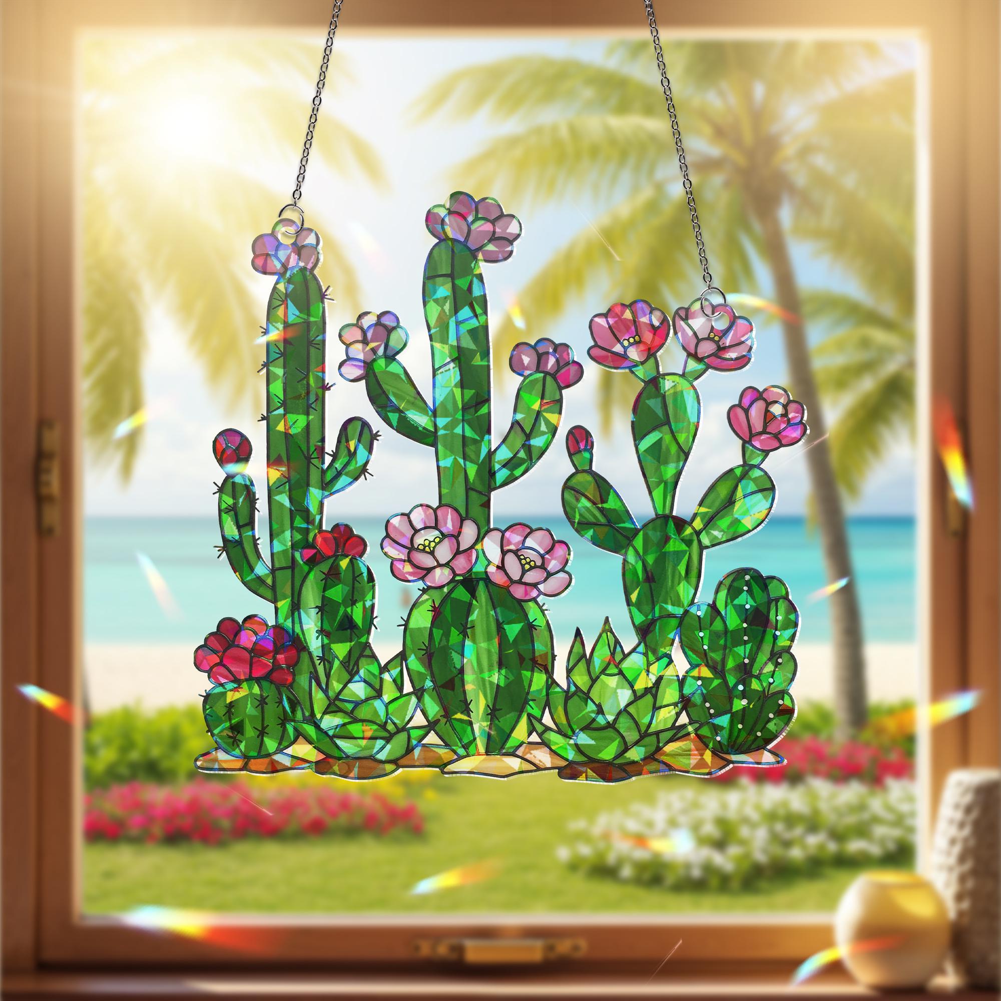 Cactus with Flower Hologram Acrylic Window Hanging, Plant Decor Suncatcher, Boho Window Art, Cute Cactus Gift for Plant Lovers, Gift For Mom