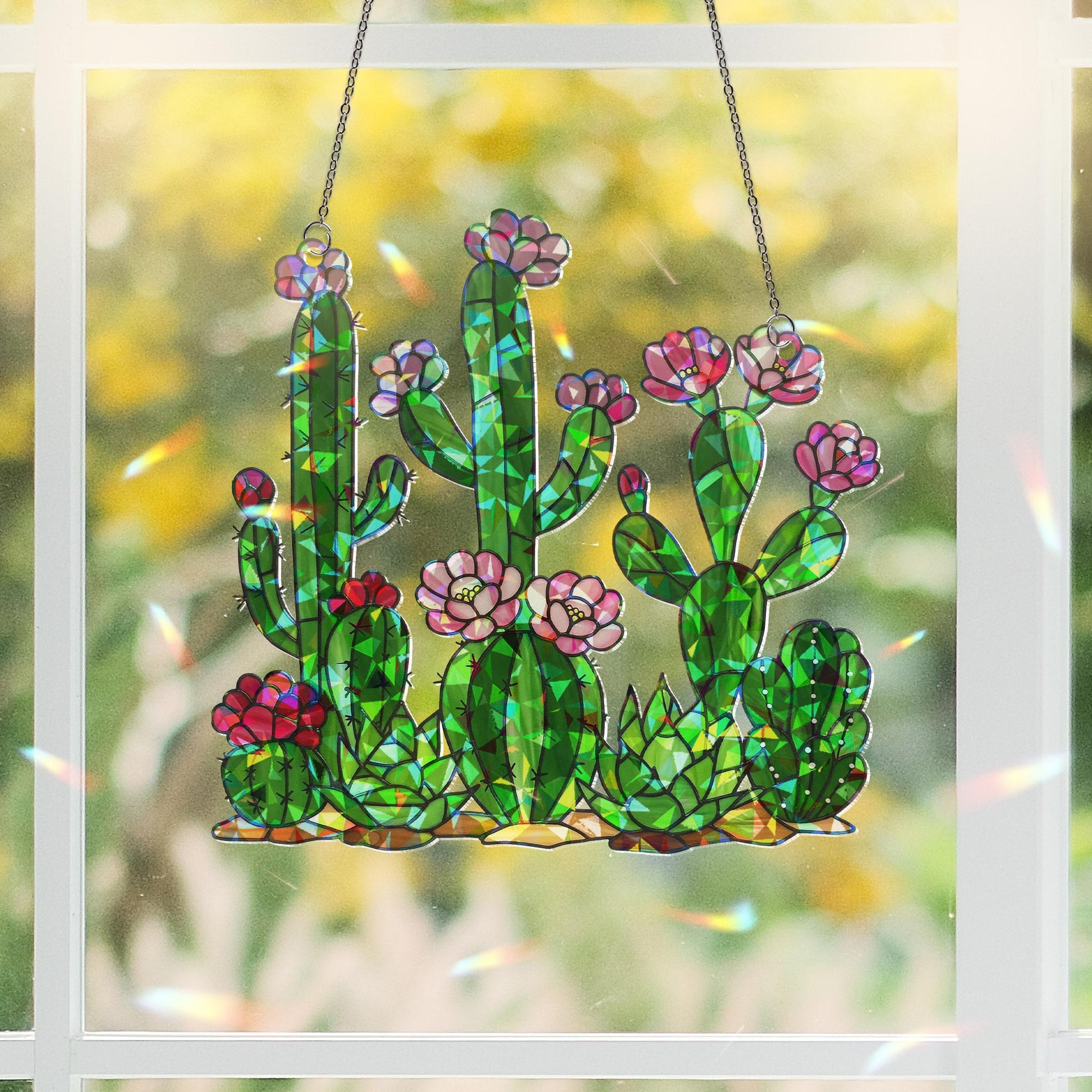 Cactus with Flower Hologram Acrylic Window Hanging, Plant Decor Suncatcher, Boho Window Art, Cute Cactus Gift for Plant Lovers, Gift For Mom