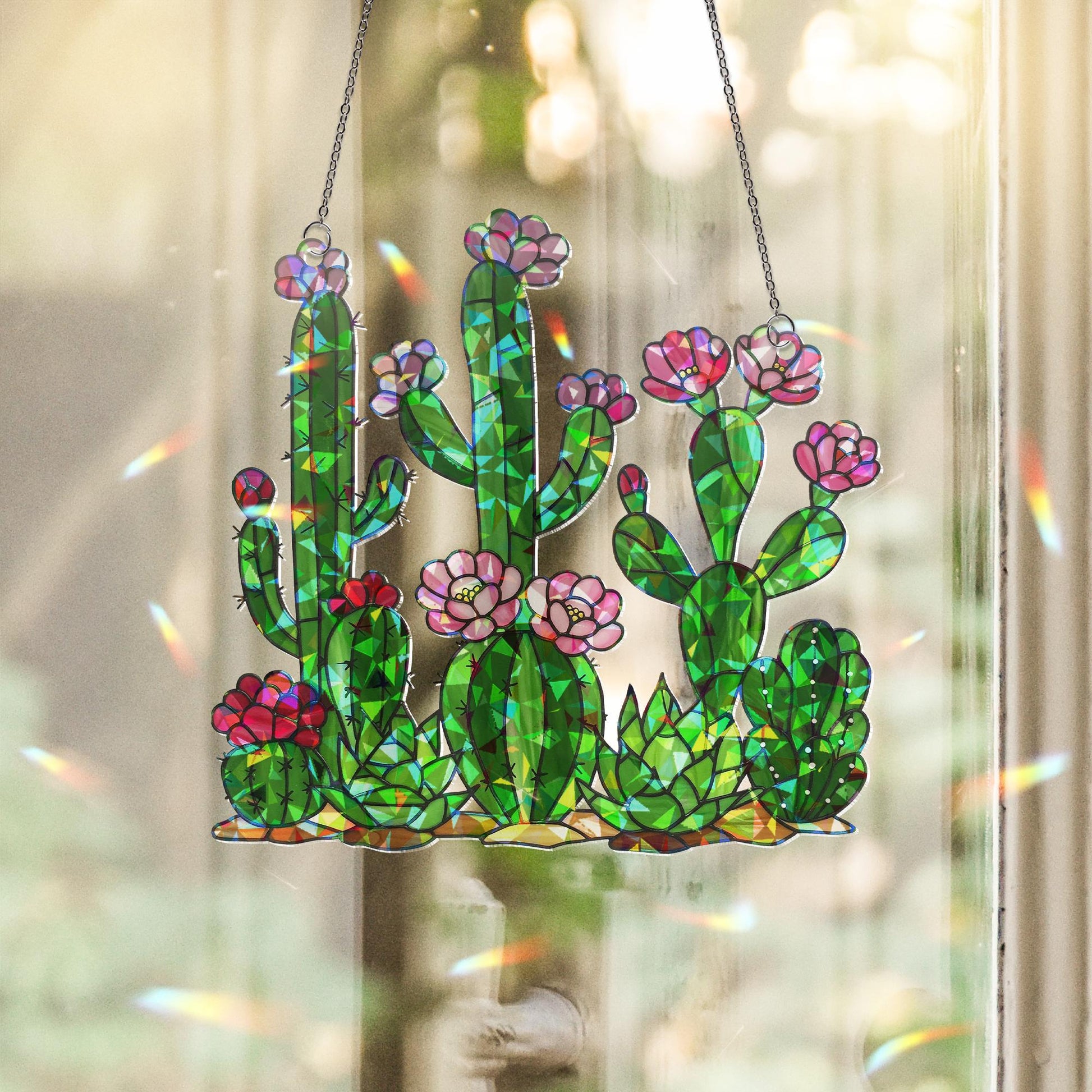 Cactus with Flower Hologram Acrylic Window Hanging, Plant Decor Suncatcher, Boho Window Art, Cute Cactus Gift for Plant Lovers, Gift For Mom