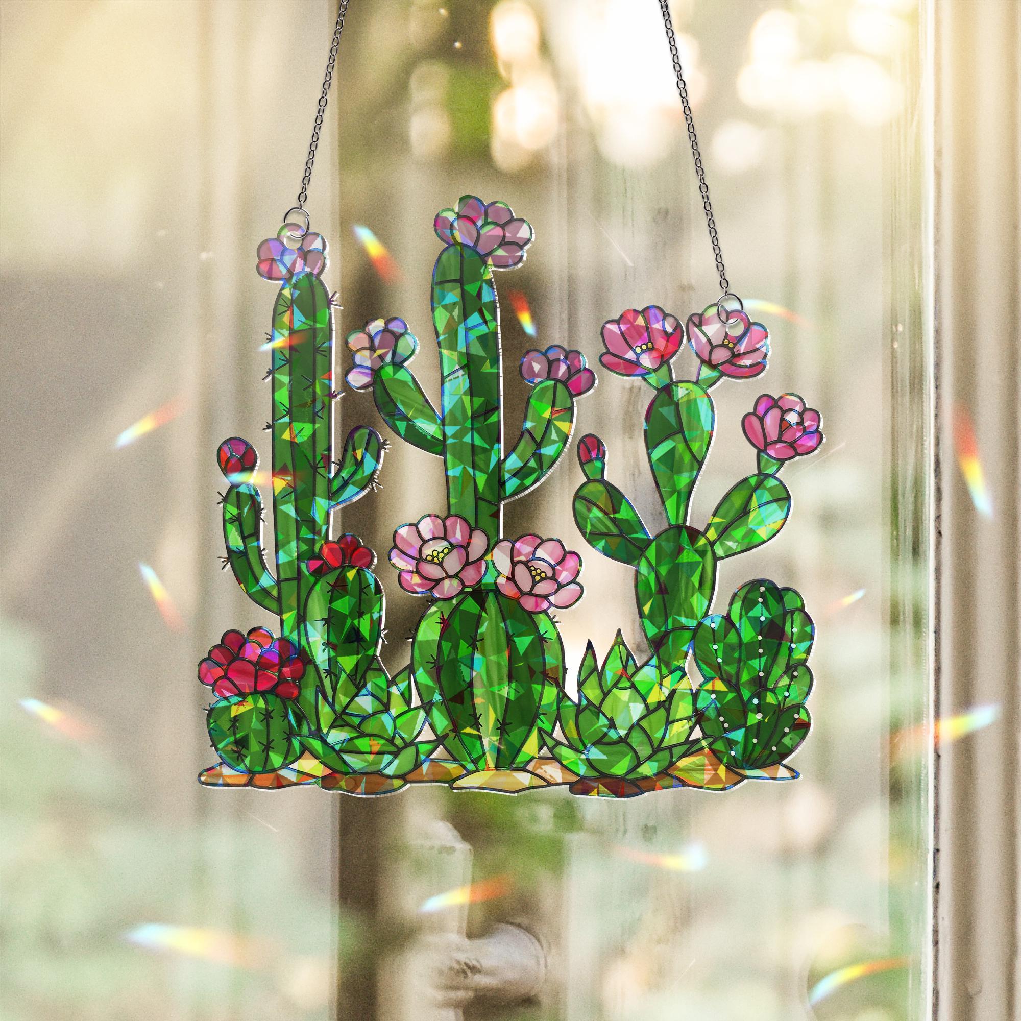 Cactus with Flower Hologram Acrylic Window Hanging, Plant Decor Suncatcher, Boho Window Art, Cute Cactus Gift for Plant Lovers, Gift For Mom