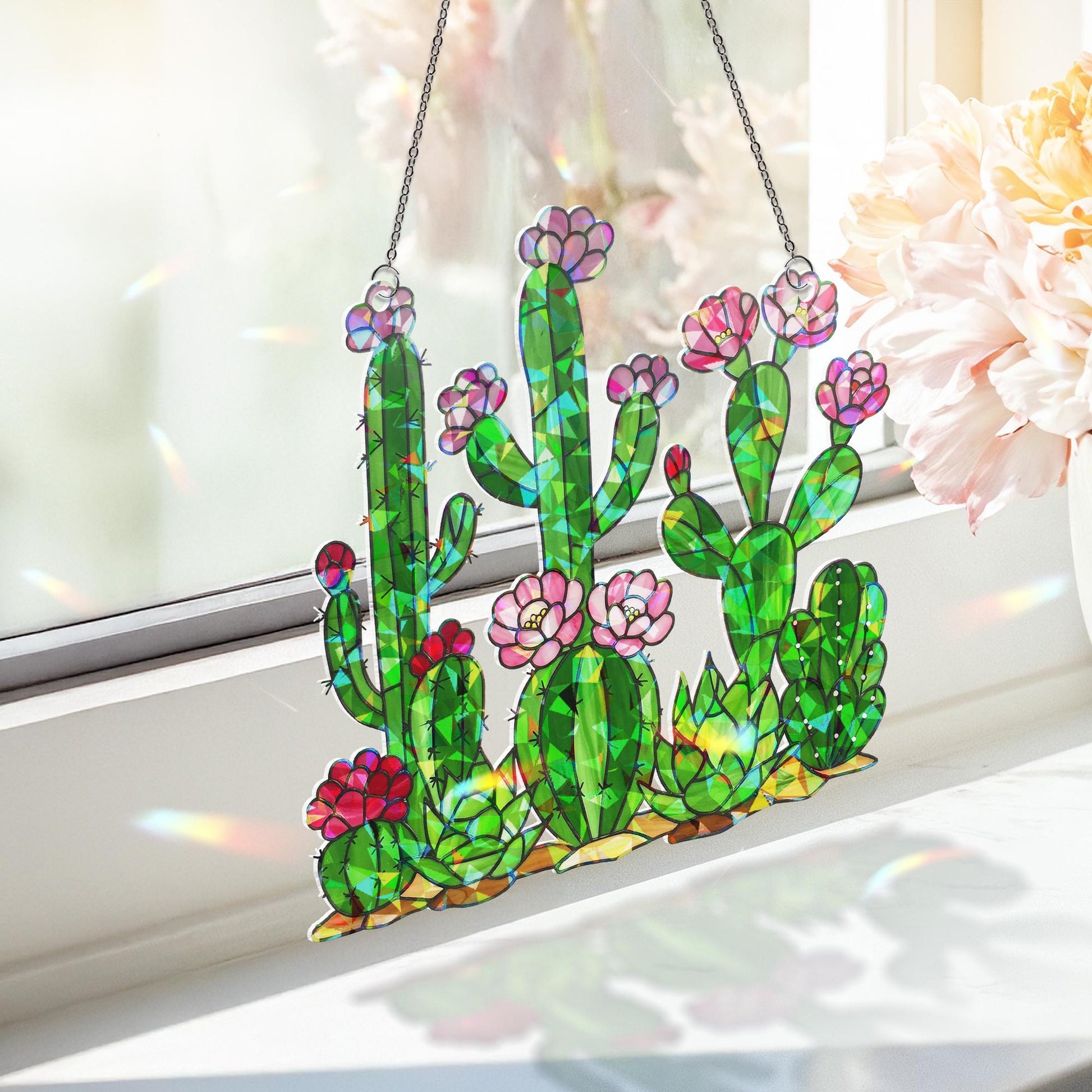 Cactus with Flower Hologram Acrylic Window Hanging, Plant Decor Suncatcher, Boho Window Art, Cute Cactus Gift for Plant Lovers, Gift For Mom