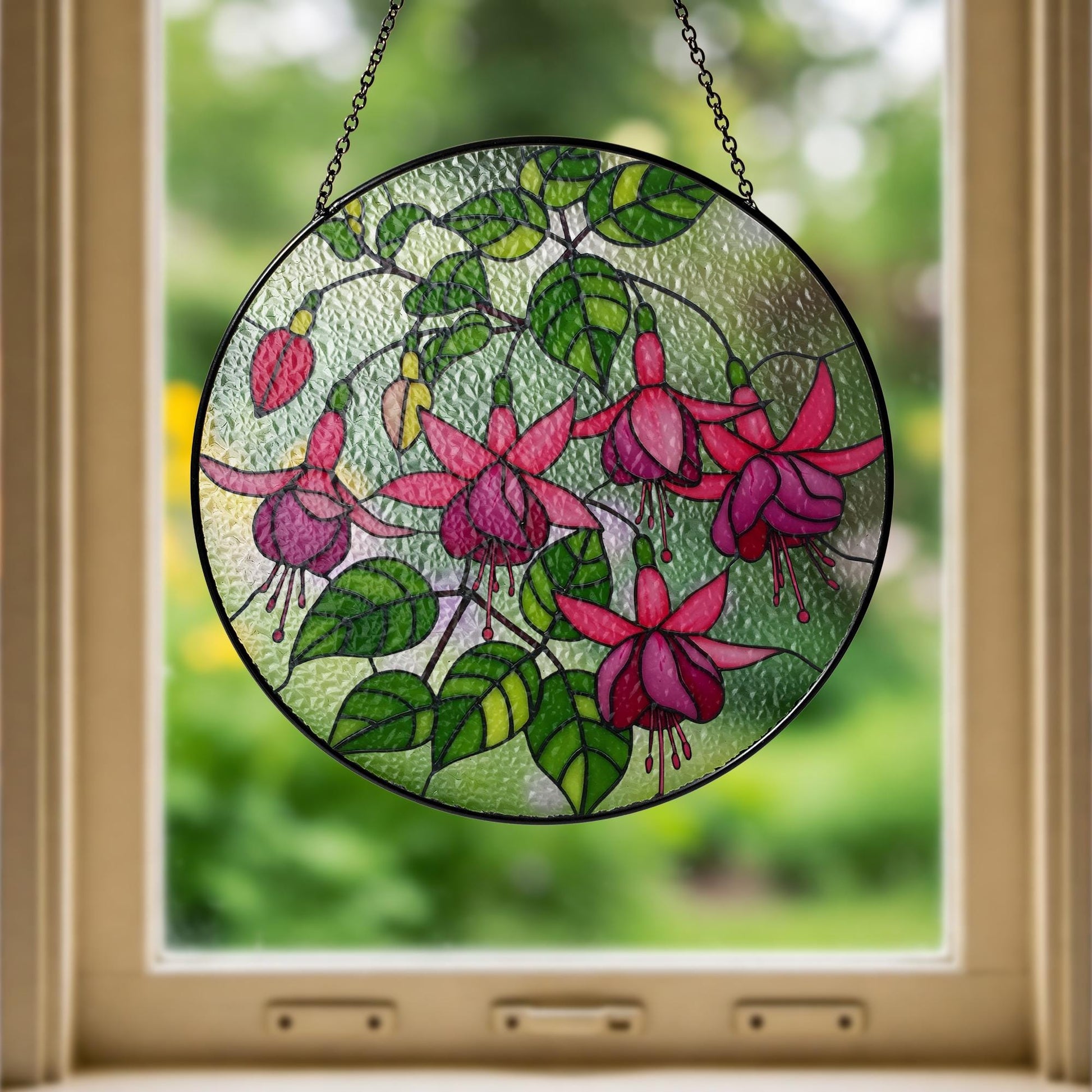 Fuchsia Flowers Glass Suncatcher | Tropical Flower Glass Window Hanging | Floral Sun Catcher, Garden Gift | Flower Lover Home Decor, For Mom