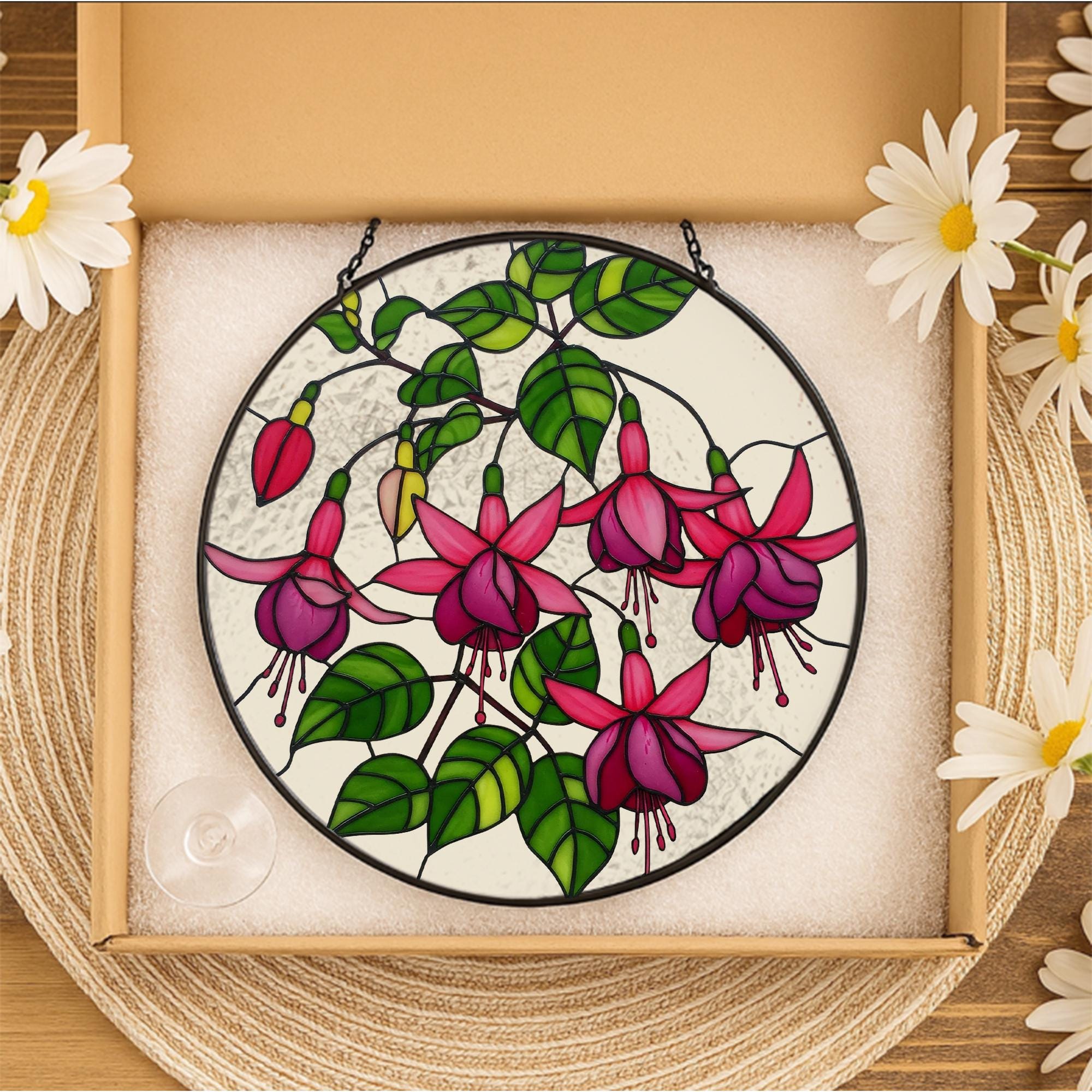 Fuchsia Flowers Glass Suncatcher | Tropical Flower Glass Window Hanging | Floral Sun Catcher, Garden Gift | Flower Lover Home Decor, For Mom