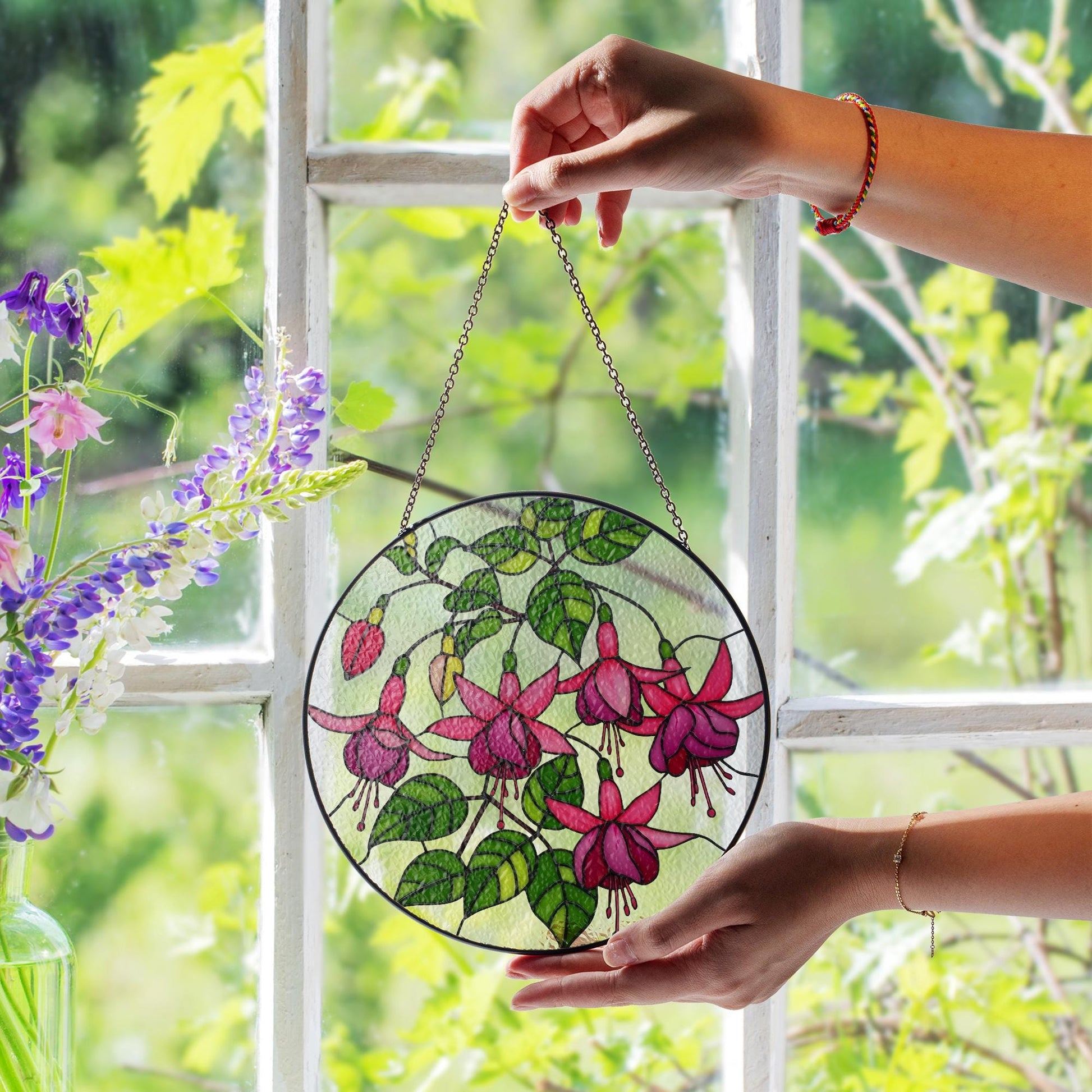 Fuchsia Flowers Glass Suncatcher | Tropical Flower Glass Window Hanging | Floral Sun Catcher, Garden Gift | Flower Lover Home Decor, For Mom