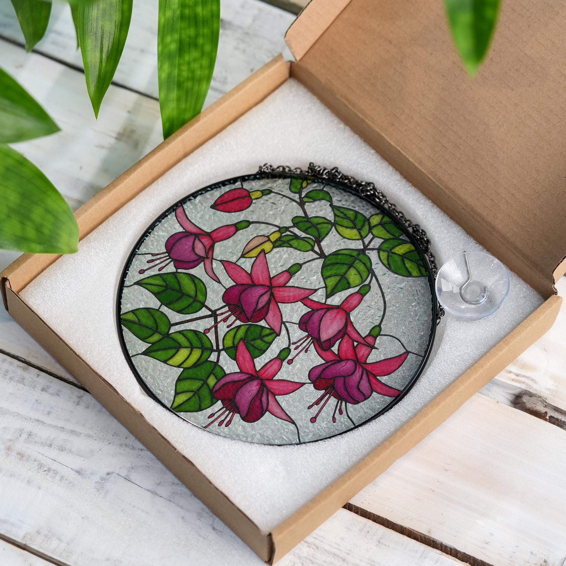 Fuchsia Flowers Glass Suncatcher | Tropical Flower Glass Window Hanging | Floral Sun Catcher, Garden Gift | Flower Lover Home Decor, For Mom
