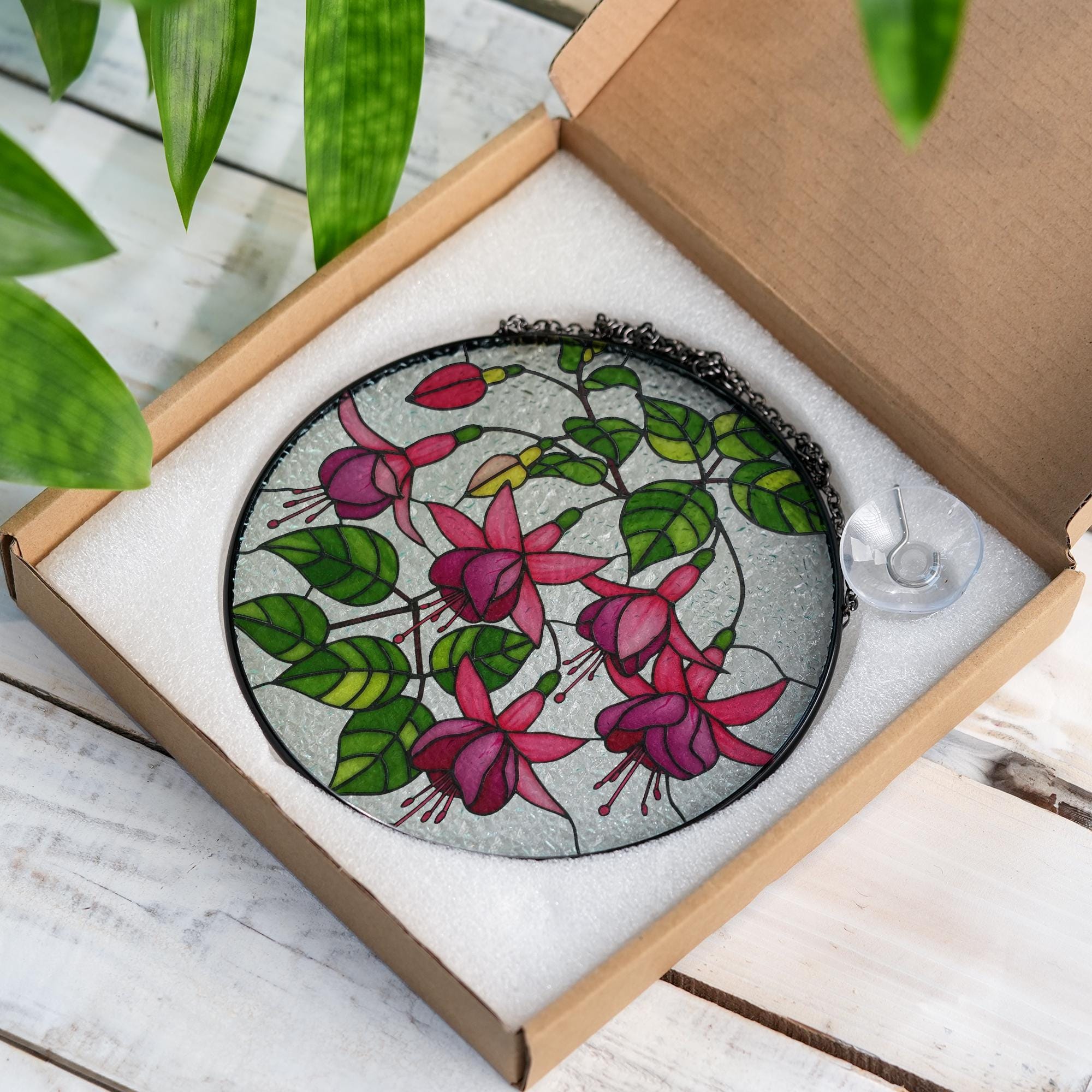 Fuchsia Flowers Glass Suncatcher | Tropical Flower Glass Window Hanging | Floral Sun Catcher, Garden Gift | Flower Lover Home Decor, For Mom
