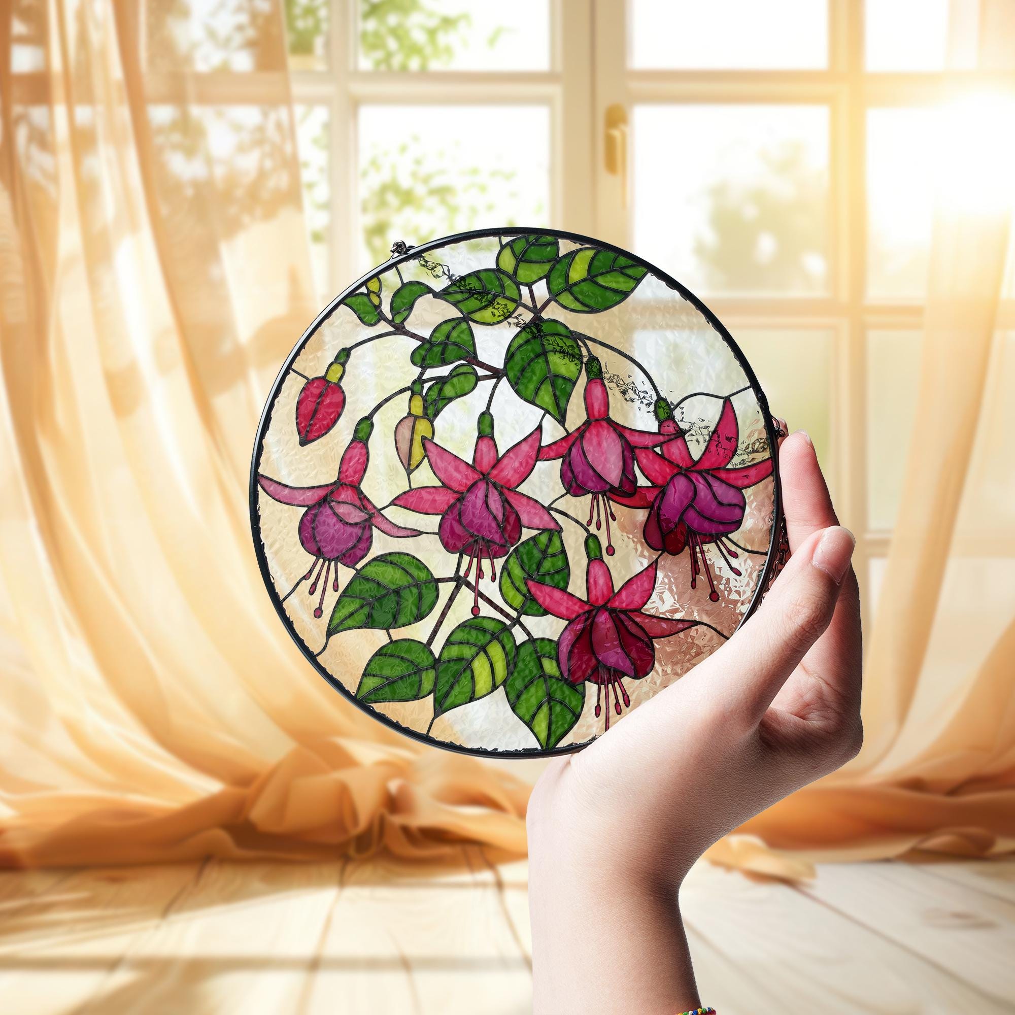 Fuchsia Flowers Glass Suncatcher | Tropical Flower Glass Window Hanging | Floral Sun Catcher, Garden Gift | Flower Lover Home Decor, For Mom