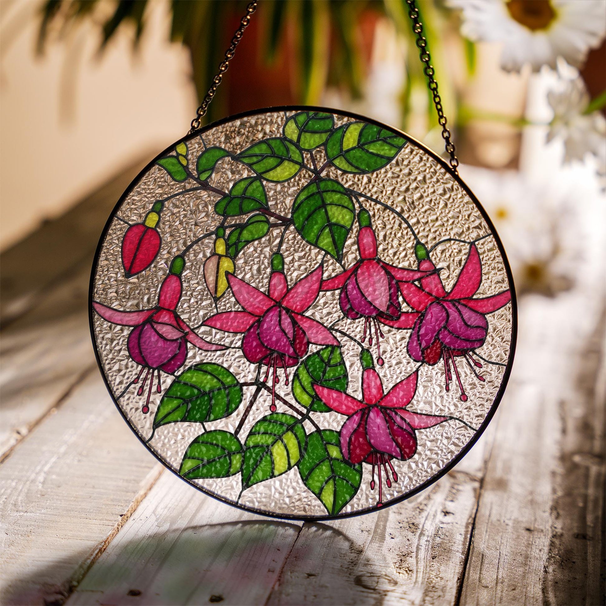 Fuchsia Flowers Glass Suncatcher | Tropical Flower Glass Window Hanging | Floral Sun Catcher, Garden Gift | Flower Lover Home Decor, For Mom