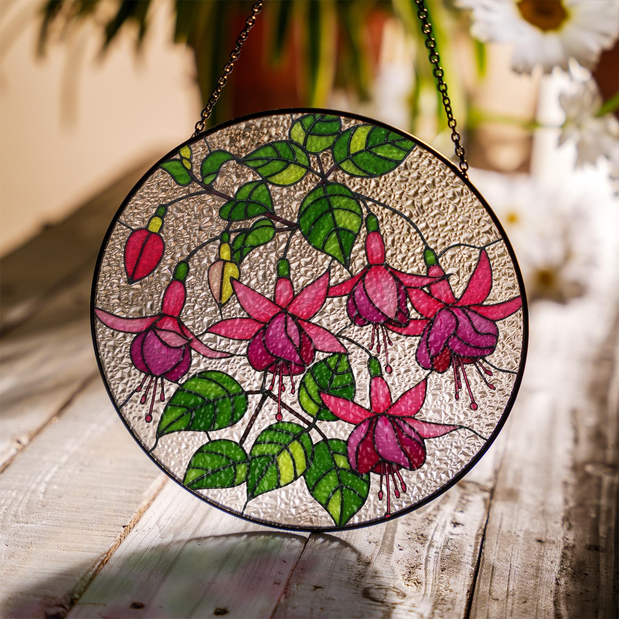 Fuchsia Flowers Glass Suncatcher | Tropical Flower Glass Window Hanging | Floral Sun Catcher, Garden Gift | Flower Lover Home Decor, For Mom